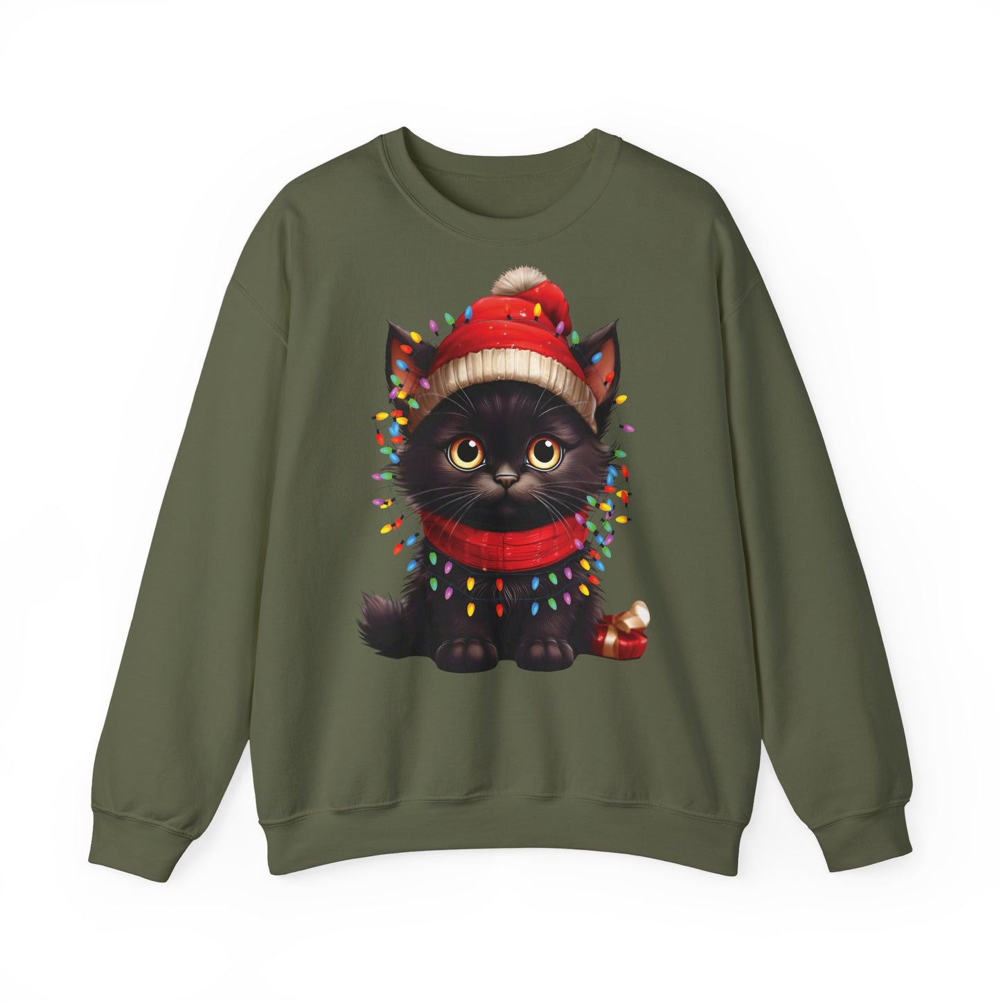 Holiday Heart: Kitten Wrapped in Christmas Lights - Festive Cat Crewneck Sweatshirt - Cozy Holiday Apparel, Warm Gift, Cute Winter Style, Pet Lover Sweatshirt, Christmas Sweater Alternative