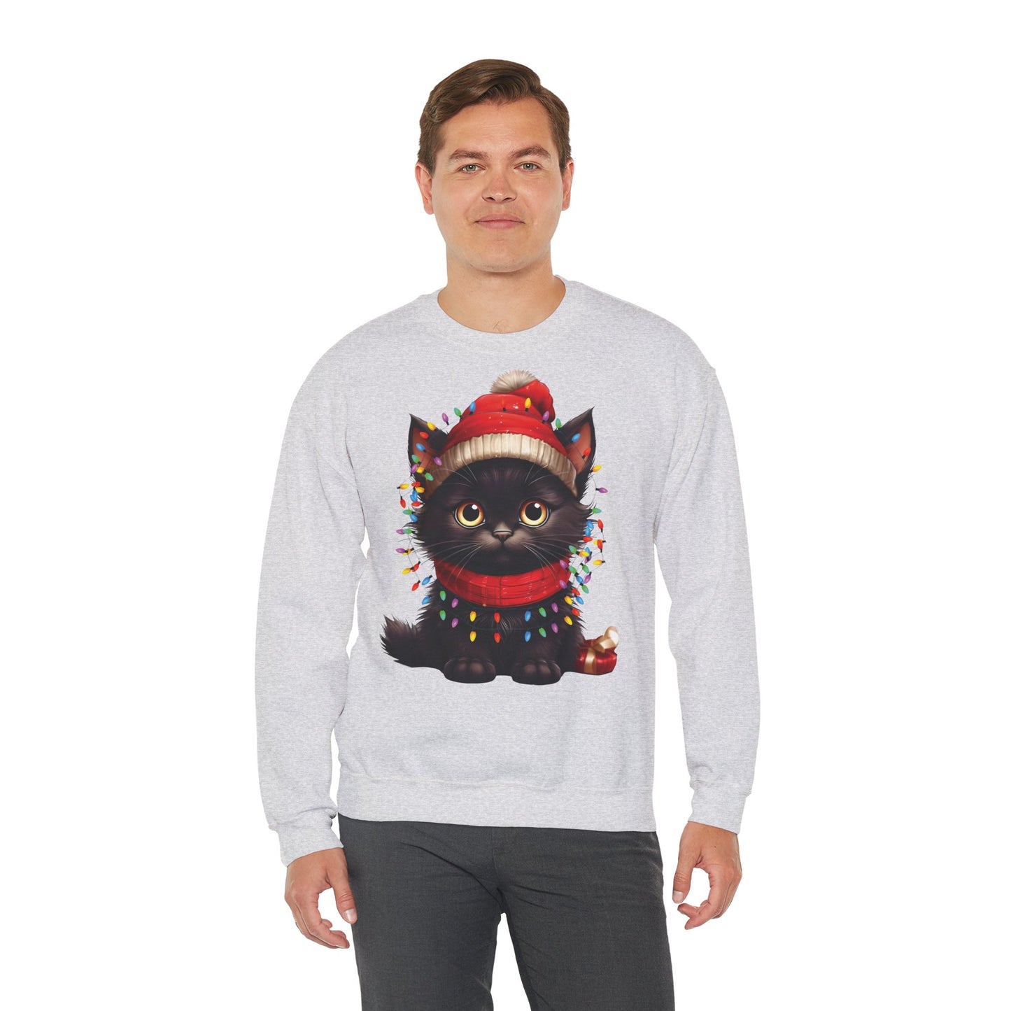 Holiday Heart: Kitten Wrapped in Christmas Lights - Festive Cat Crewneck Sweatshirt - Cozy Holiday Apparel, Warm Gift, Cute Winter Style, Pet Lover Sweatshirt, Christmas Sweater Alternative