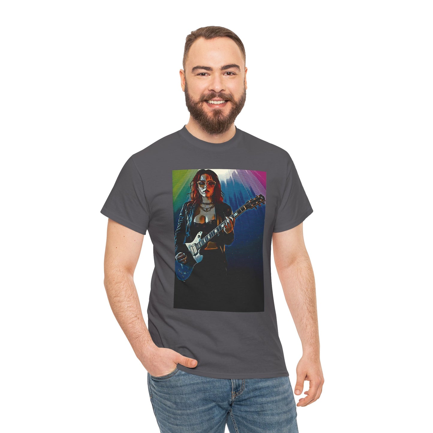 Electric Vibes: Retro Halftone Guitar Art Celebrating Music, Freedom, and Bold Self-Expression - Rock Star Unisex Heavy Cotton Tee, Music Lover Gift, Concert Apparel, Vintage Tee, Festival Wear