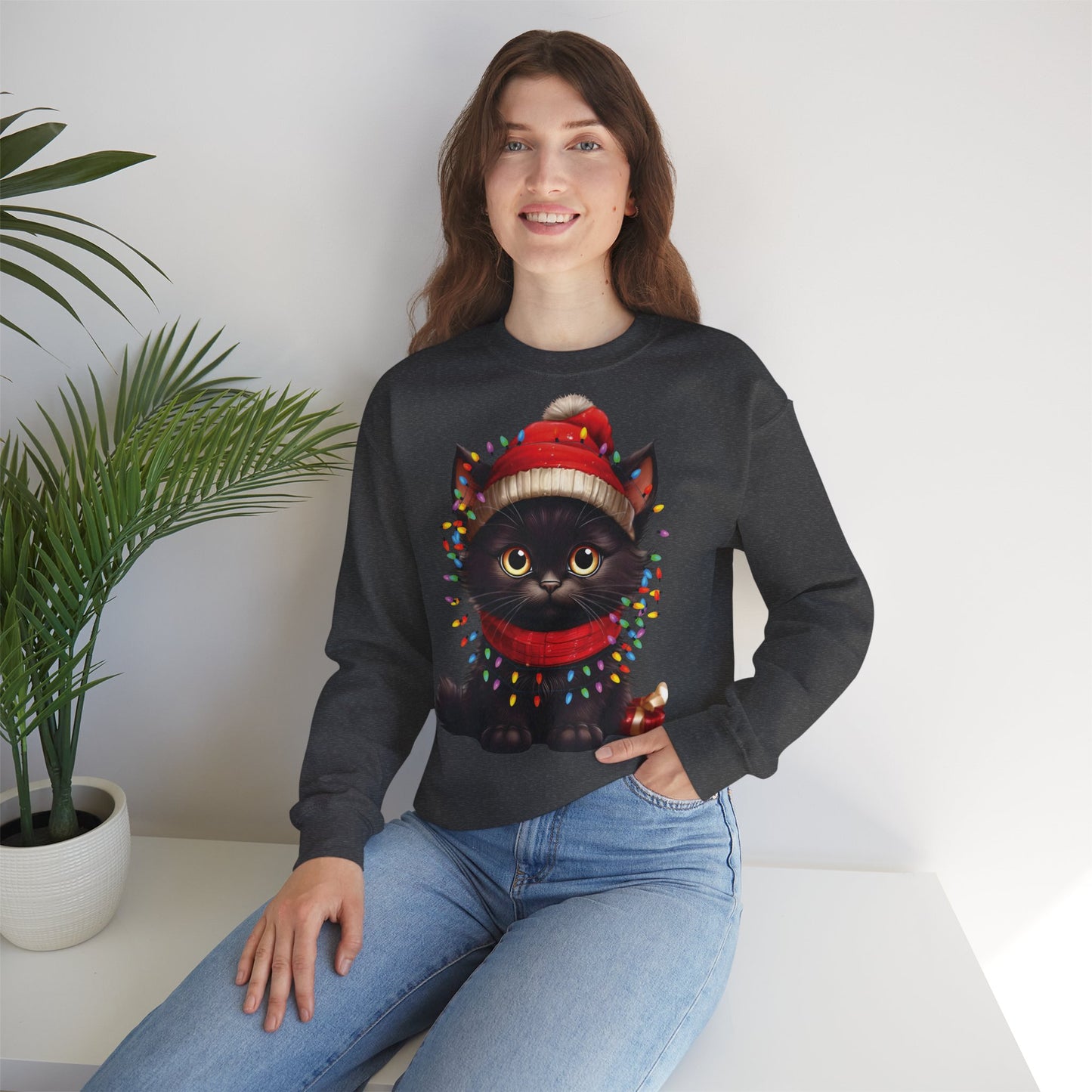 Holiday Heart: Kitten Wrapped in Christmas Lights - Festive Cat Crewneck Sweatshirt - Cozy Holiday Apparel, Warm Gift, Cute Winter Style, Pet Lover Sweatshirt, Christmas Sweater Alternative