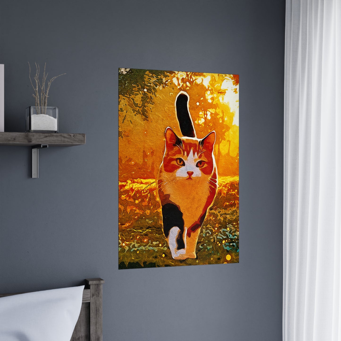 "Stride of Serenity: A Cat’s Golden Journey" - Vibrant Cat Matte Poster, Wall Art Decor, Feline Art Print, Cat Lover Gift, Home Decor, Nature Photography