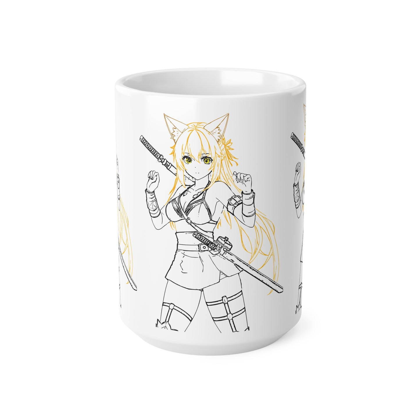 Cat-Eared Blade – Anime Warrior Power on Anime-Themed Ceramic Coffee Mug, Cute Anime Style Cup, Perfect Gift for Otaku, 11oz and 15oz Sizes, Fun Cafe Decor, Coffee Lover Gift
