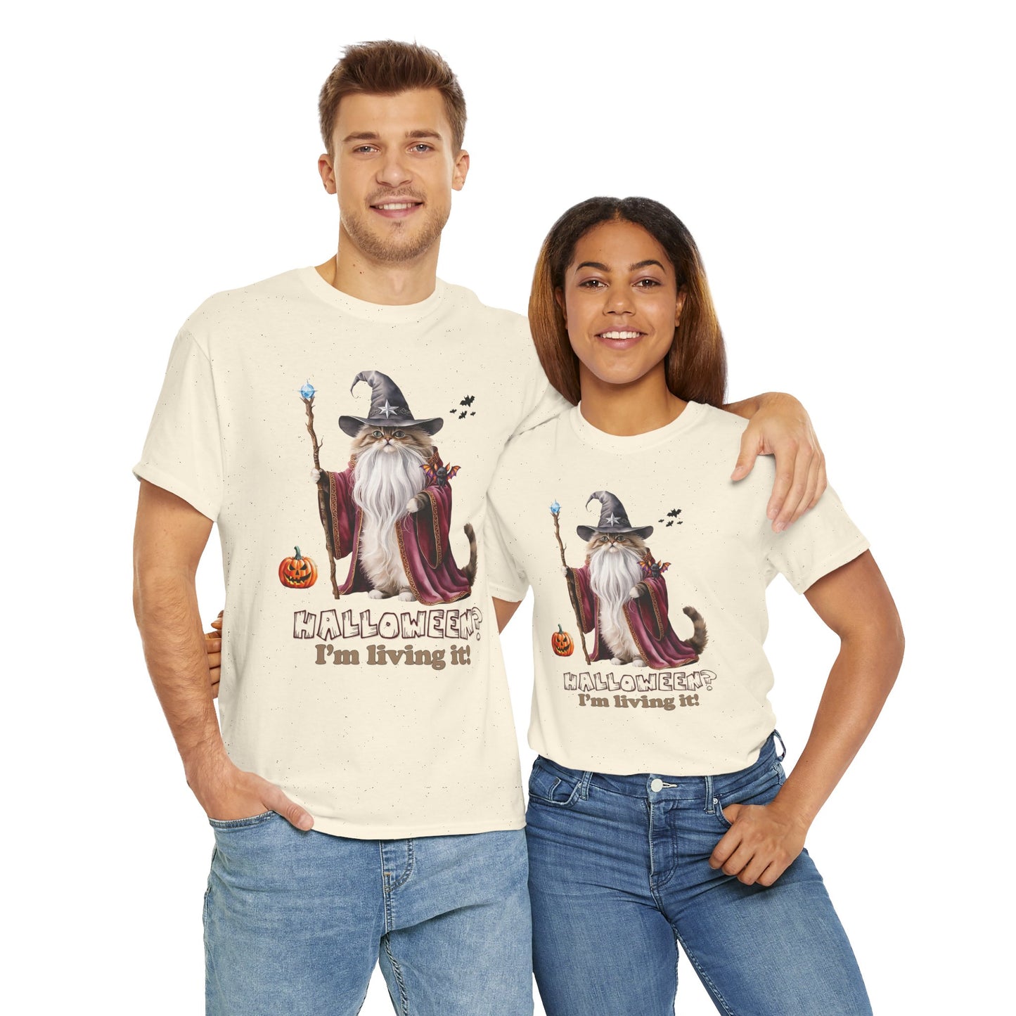 🧙 Living the Spell: Wizardry, Whimsy & Halloween CheerHalloween Wizard Cat Tee - 🎃 Spooky Unisex Cotton Shirt, Witchy T-Shirt, Fall Fashion, Gift for Cat Lovers, Halloween Costume, Relaxed Fit