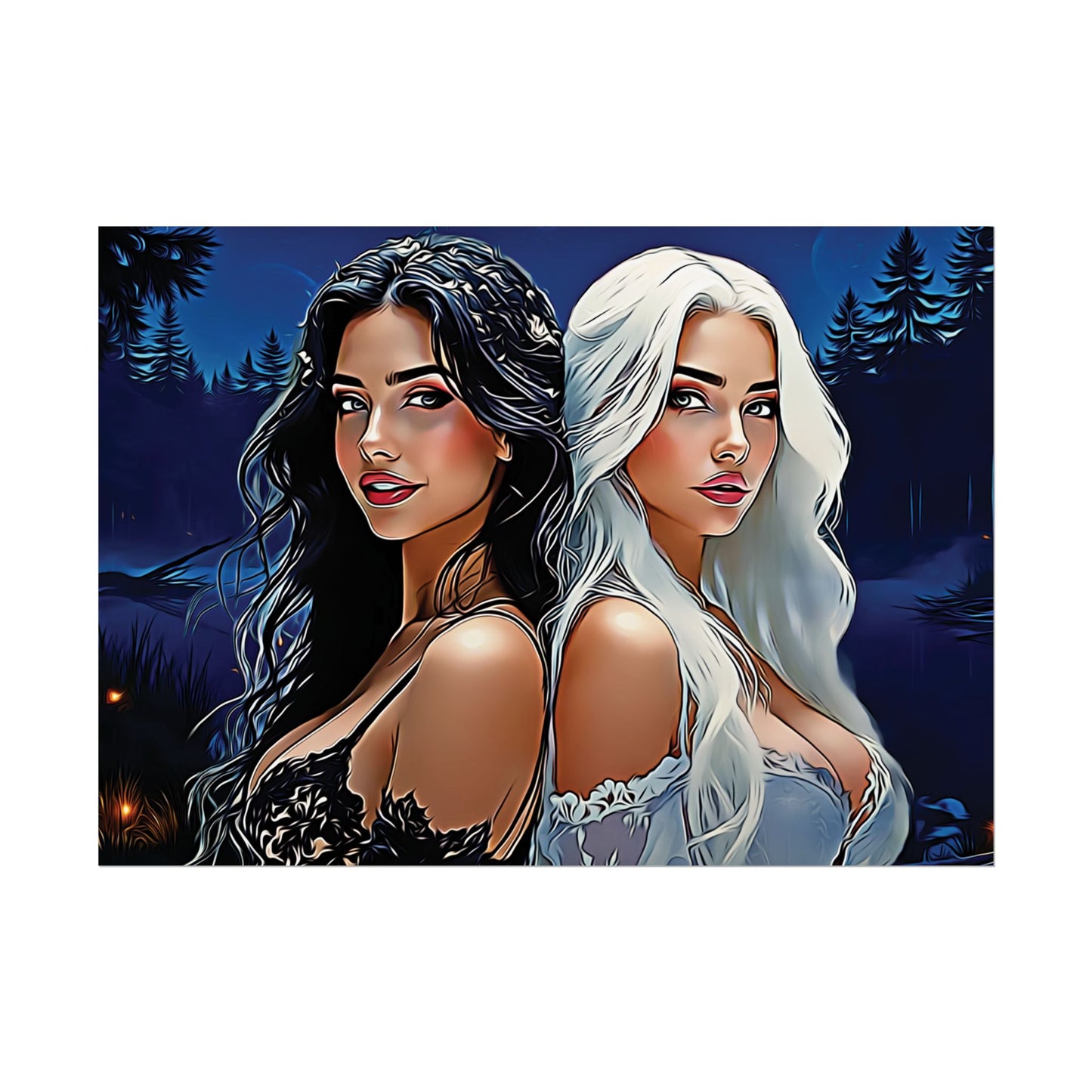 Moonlit Sisters of Opposites – Enchanted Night Art of Balance, Beauty, and Timeless Harmony - Mystical Duo Rolled Posters | Ethereal Art for Witchy Decor, Fantasy Wall Art, Gift for Her, Boho Home, Unique Prints
