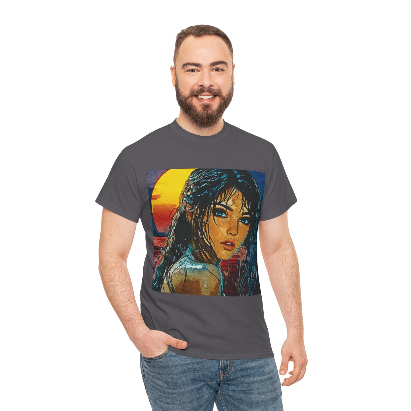"Golden Hour Goddess: Vibrant Pop Art Vision" - Sunset Dreamer Unisex Heavy Cotton Tee - Vintage Art T-Shirt, Graphic Tee, Casual Wear, Unique Gift Idea, Summer Fashion