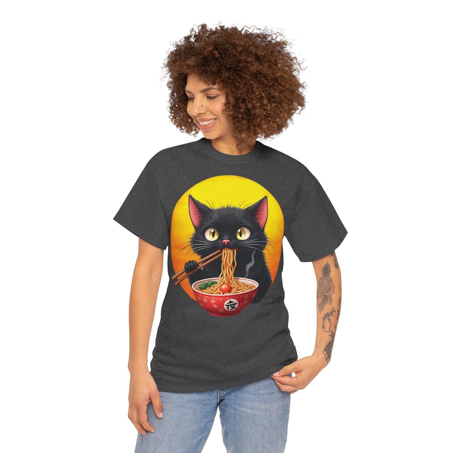 Ramen Cat Magic – Whiskers, Noodles & Sunshine Vibes - Ramen Cat - Cute Cat with Bowl of Noodles Unisex Heavy Cotton Tee
