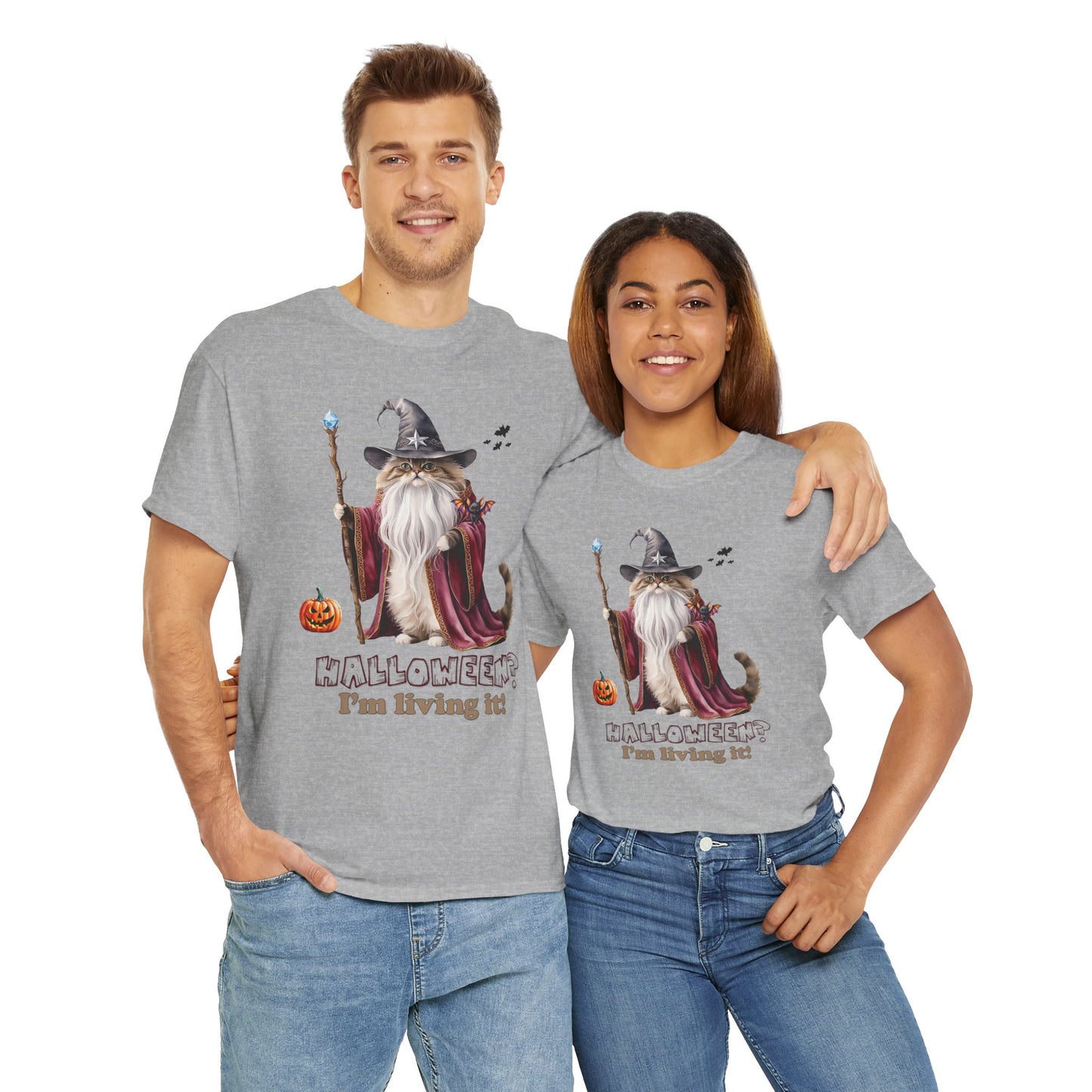 🧙 Living the Spell: Wizardry, Whimsy & Halloween CheerHalloween Wizard Cat Tee - 🎃 Spooky Unisex Cotton Shirt, Witchy T-Shirt, Fall Fashion, Gift for Cat Lovers, Halloween Costume, Relaxed Fit