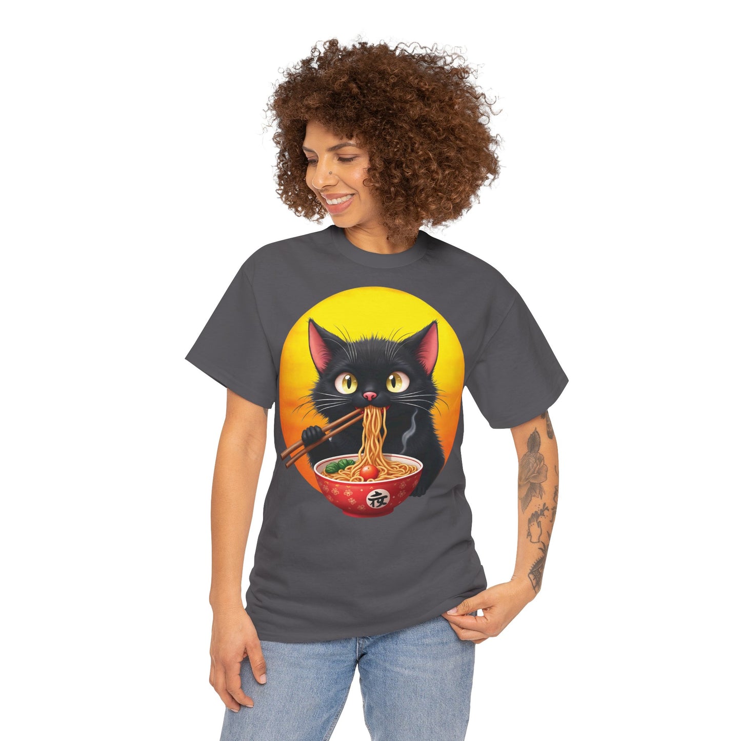 Ramen Cat Magic – Whiskers, Noodles & Sunshine Vibes - Ramen Cat - Cute Cat with Bowl of Noodles Unisex Heavy Cotton Tee