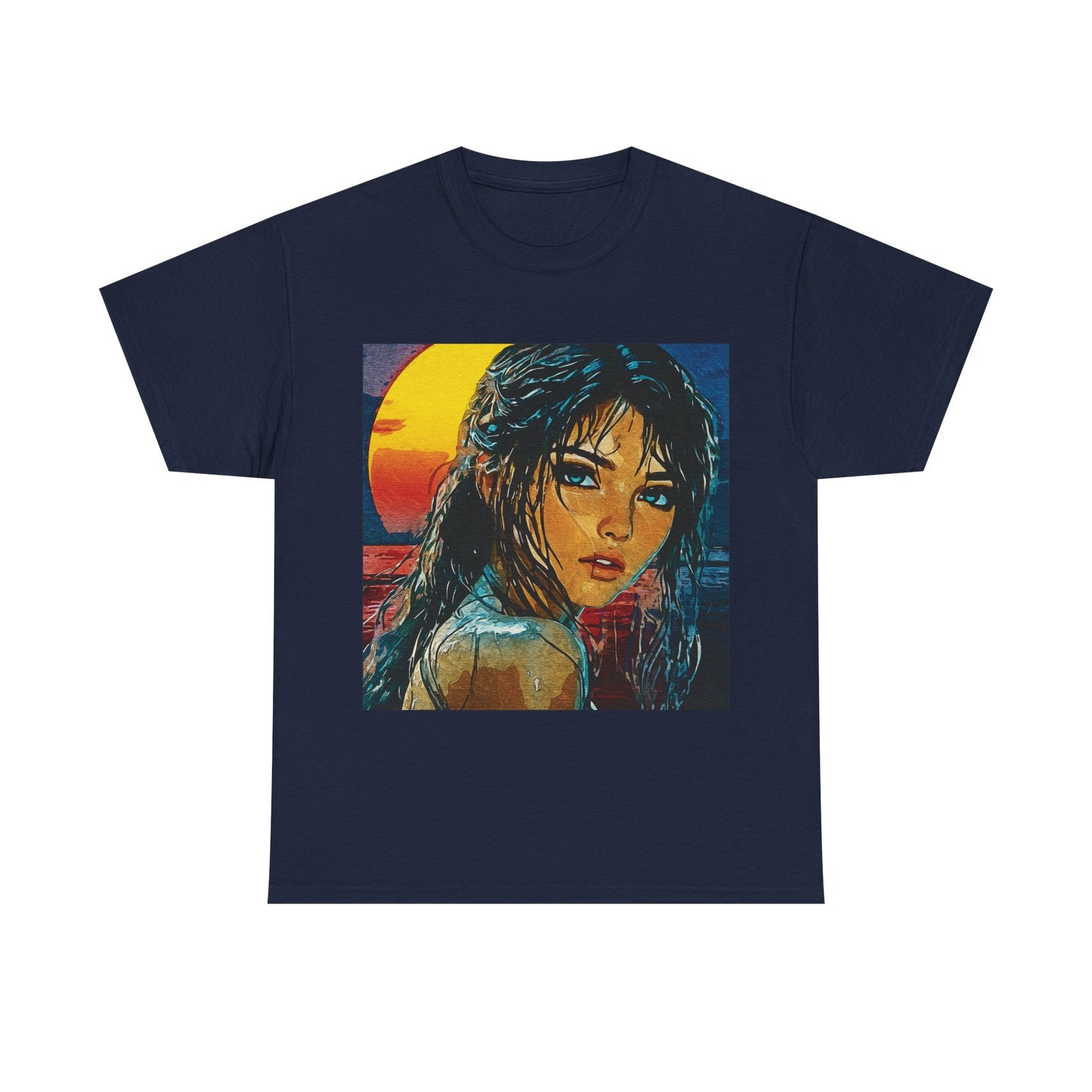 "Golden Hour Goddess: Vibrant Pop Art Vision" - Sunset Dreamer Unisex Heavy Cotton Tee - Vintage Art T-Shirt, Graphic Tee, Casual Wear, Unique Gift Idea, Summer Fashion
