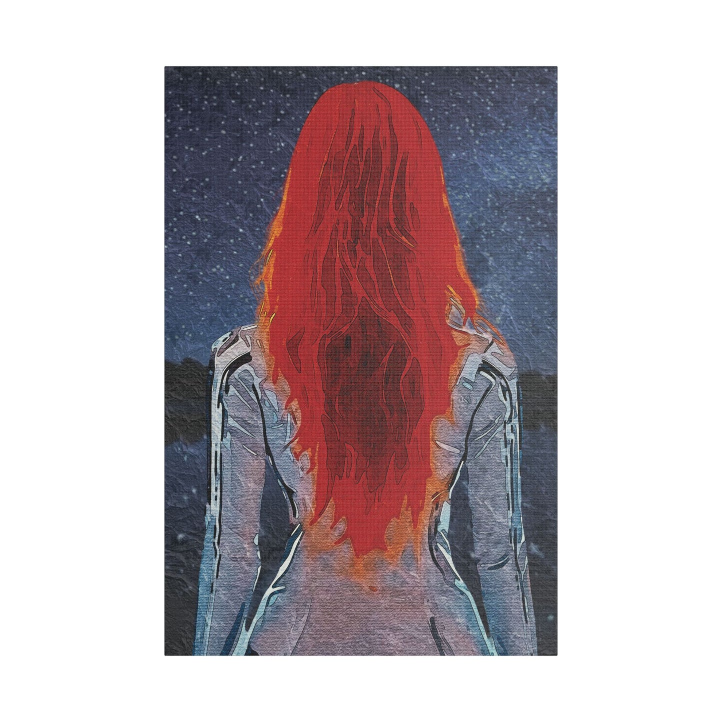'Red' Scarlet Veil Over Starry Depths: Embrace the Cosmic Red Journey Within - Canvas Art Print: Starry Night with Red-Haired Woman, Wall Decor for Dreamers, Stretched Art, Unique Home Gift, Modern Living Room Decor