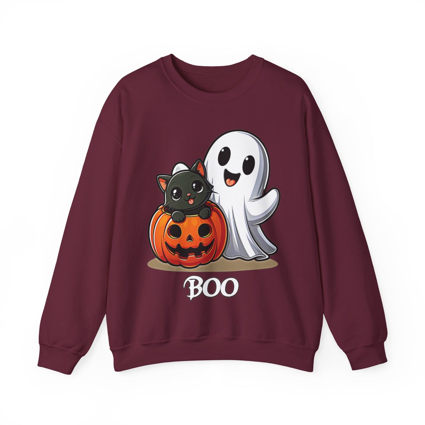 Spooky Smiles & Cozy Vibes – Halloween Boo Pumpkin Ghost Cat Edition - Cute Halloween Crewneck Sweatshirt with Ghost and Cat Design, Cozy Fall Apparel, Perfect for Spooky Season, Unisex Halloween Sweater, [...]