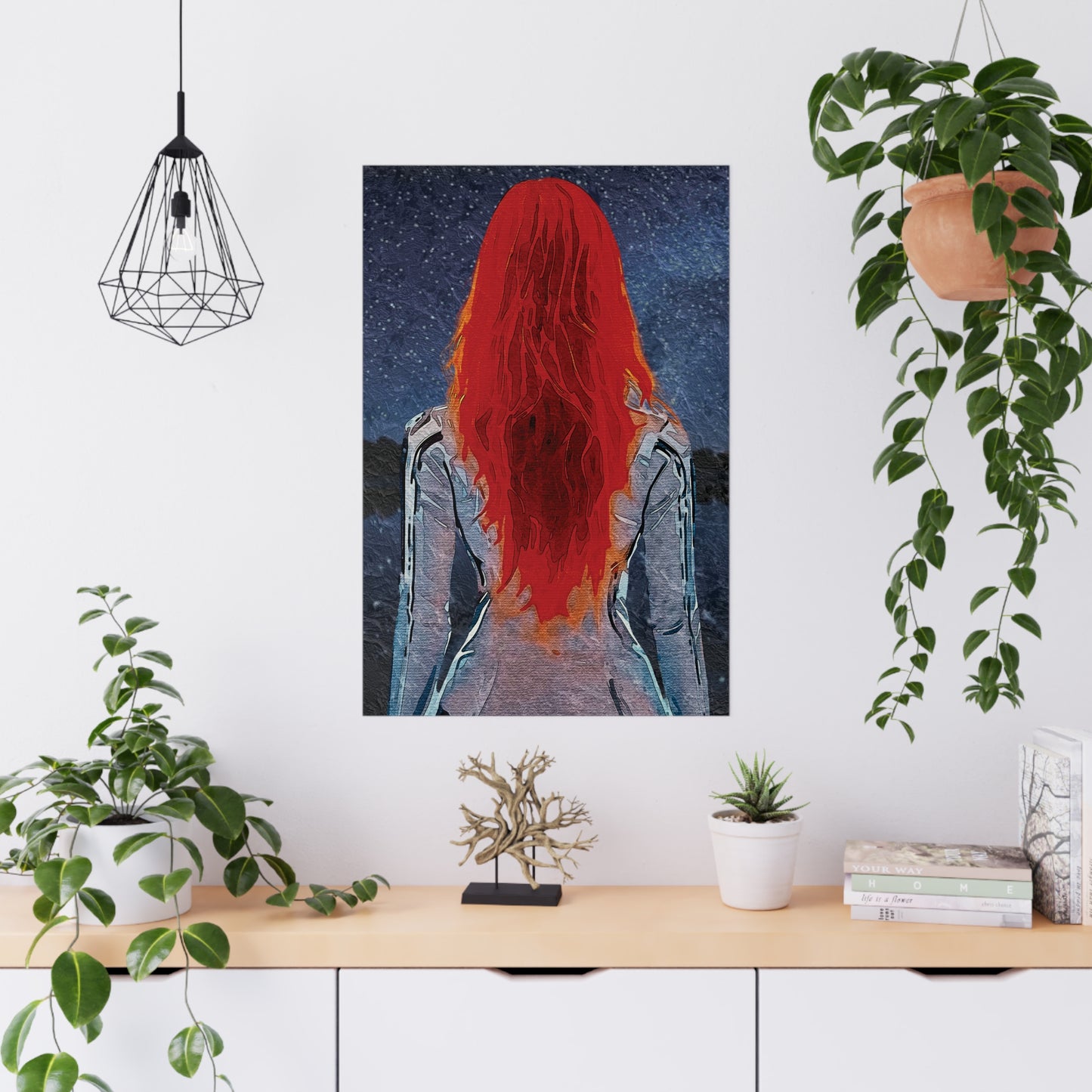 'Red' Scarlet Veil Over Starry Depths: Embrace the Cosmic Red Journey Within - Vibrant Matte Poster of a Red-Haired Figure, Wall Art, Home Decor, Aesthetic Print, Gift for Art Lovers, Inspirational Decor