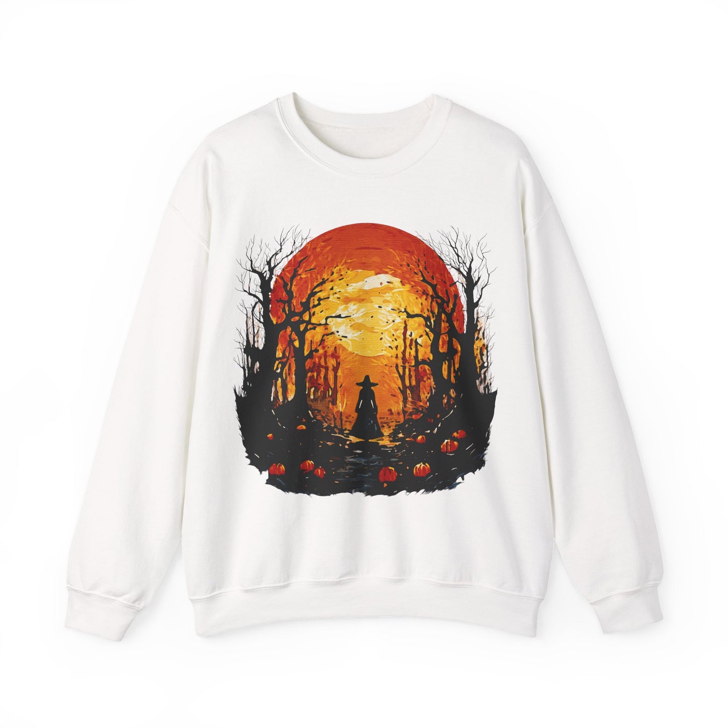 Moonlit Mischief: Autumn’s Enchanted Glow for Sweatshirts, mugs and more - Autumn Sunset Witch Sweatshirt - Cozy Unisex Crewneck for Fall, Halloween, Pumpkin Spice Lovers, Seasonal Fashion, Gift Idea