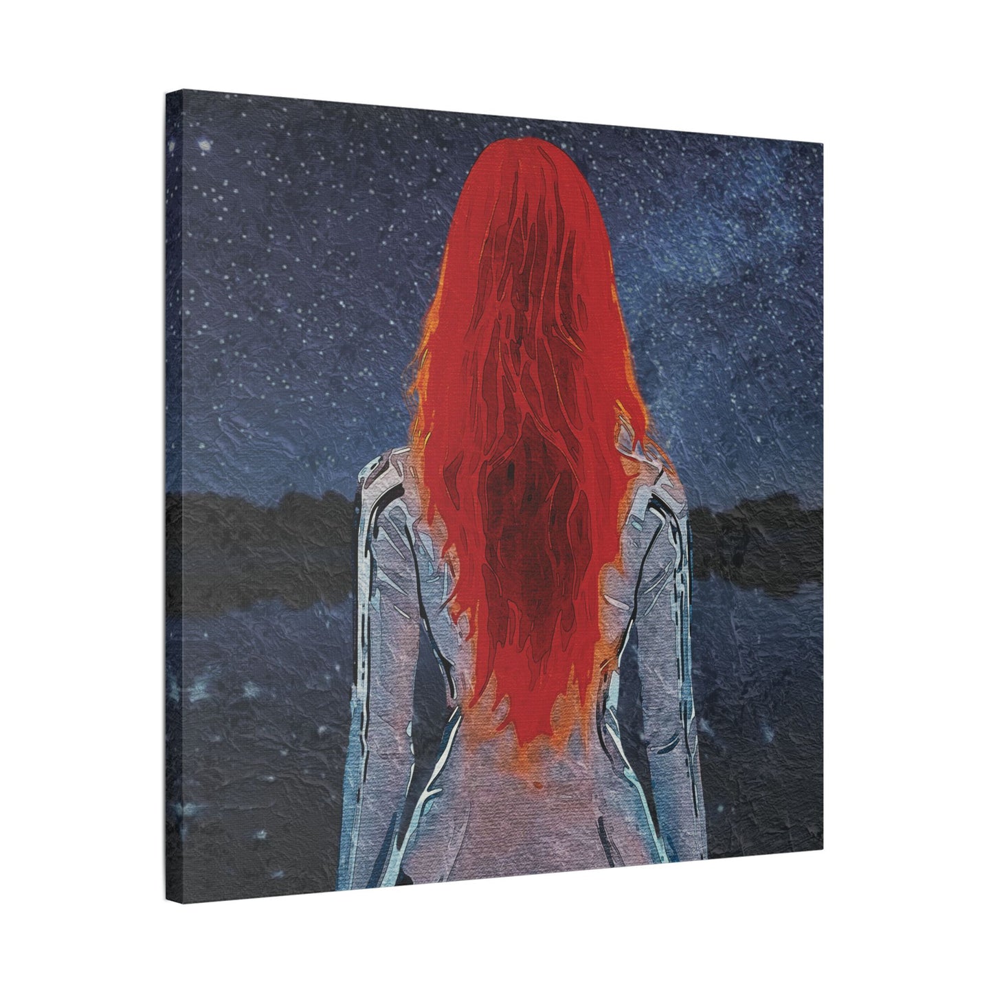 'Red' Scarlet Veil Over Starry Depths: Embrace the Cosmic Red Journey Within - Canvas Art Print: Starry Night with Red-Haired Woman, Wall Decor for Dreamers, Stretched Art, Unique Home Gift, Modern Living Room Decor