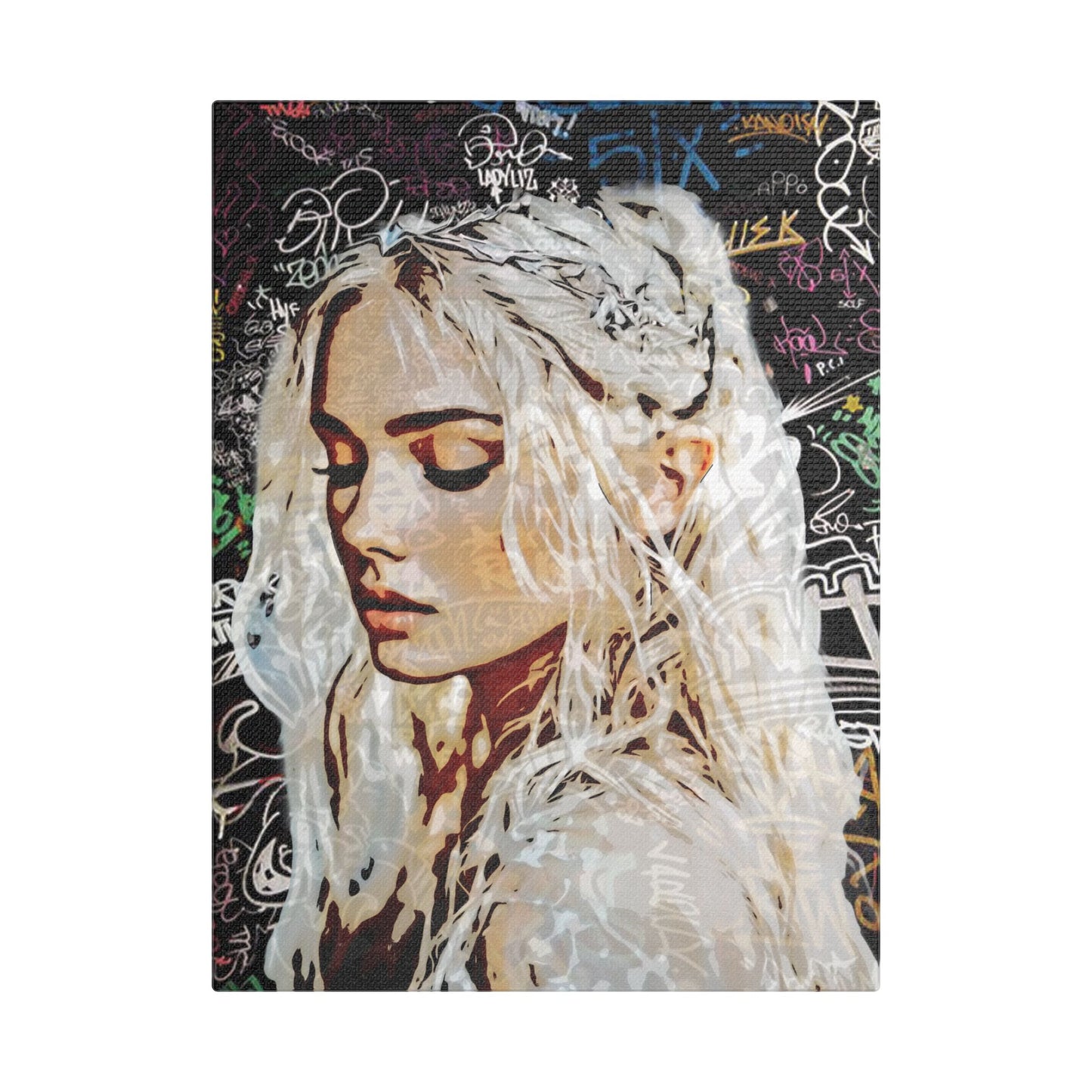 "Urban Dreams: Street Art Portrait of Hope and Beauty Emerging from City's Creative Soul" - Satin Canvas Art Print, Stretched Wall Decor, Girl Portrait, Abstract Graffiti Design, Unique Home Decor, Gift for Art Lovers