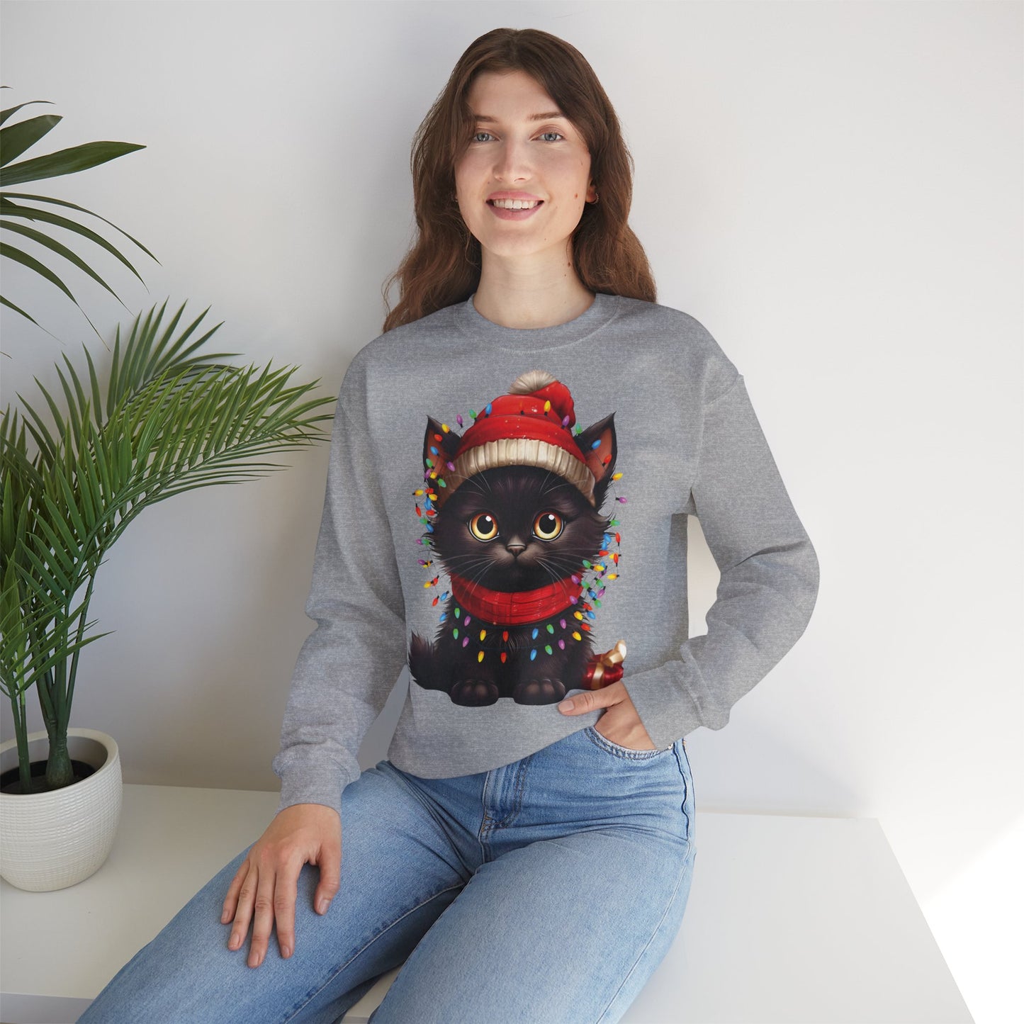 Holiday Heart: Kitten Wrapped in Christmas Lights - Festive Cat Crewneck Sweatshirt - Cozy Holiday Apparel, Warm Gift, Cute Winter Style, Pet Lover Sweatshirt, Christmas Sweater Alternative