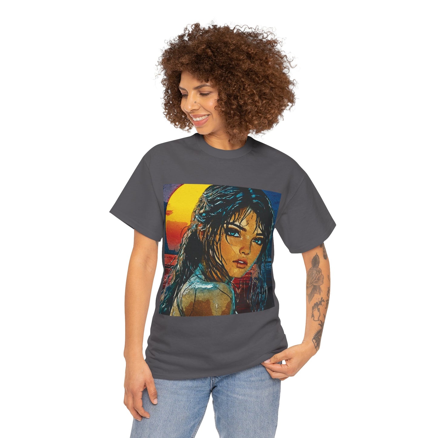 "Golden Hour Goddess: Vibrant Pop Art Vision" - Sunset Dreamer Unisex Heavy Cotton Tee - Vintage Art T-Shirt, Graphic Tee, Casual Wear, Unique Gift Idea, Summer Fashion
