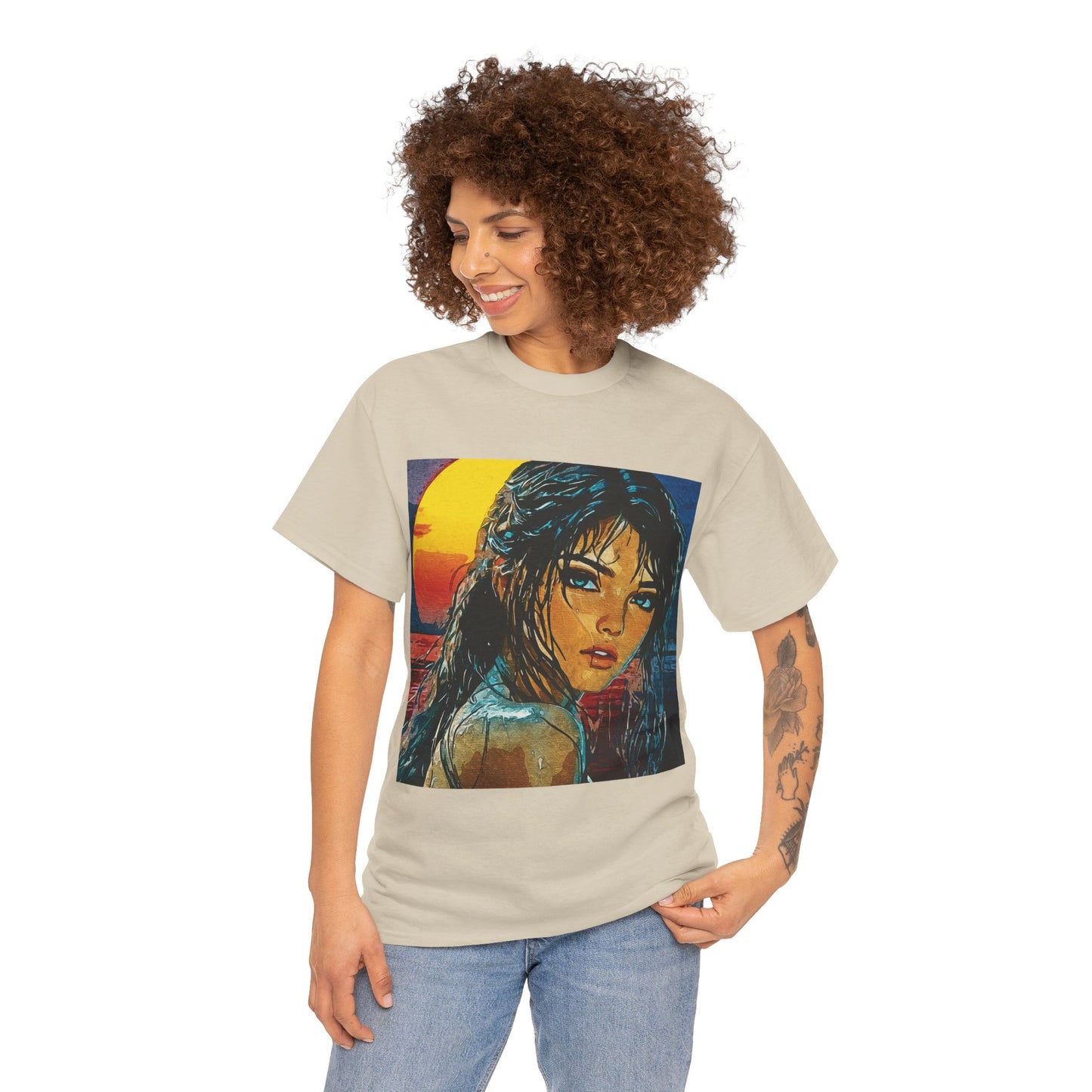 "Golden Hour Goddess: Vibrant Pop Art Vision" - Sunset Dreamer Unisex Heavy Cotton Tee - Vintage Art T-Shirt, Graphic Tee, Casual Wear, Unique Gift Idea, Summer Fashion