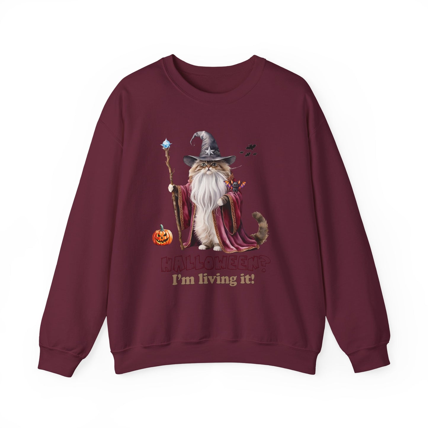 🧙 Living the Spell: Wizardry, Whimsy & Halloween Cheer 🎃 - Halloween Wizard Sweatshirt, Unisex Crewneck for Fall, Cozy Gift for Cat Lovers, Spooky Season Apparel, Fun Costume Alternative