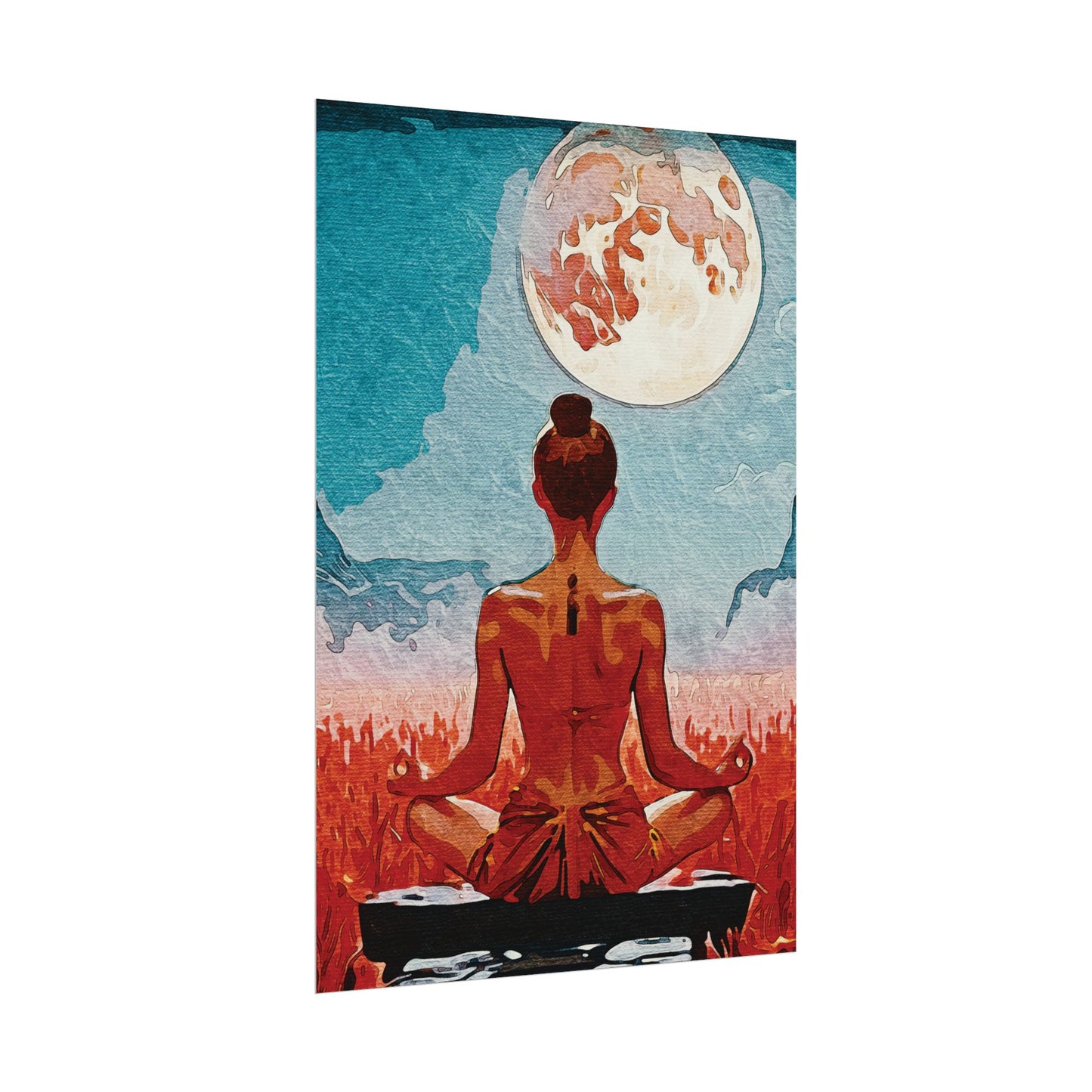 Serenity Under the Full Moon - Meditation Art Print, Zen Rolled Poster, Relaxation Decor, Spiritual Wall Art, Yoga Gift, Mindfulness Artwork