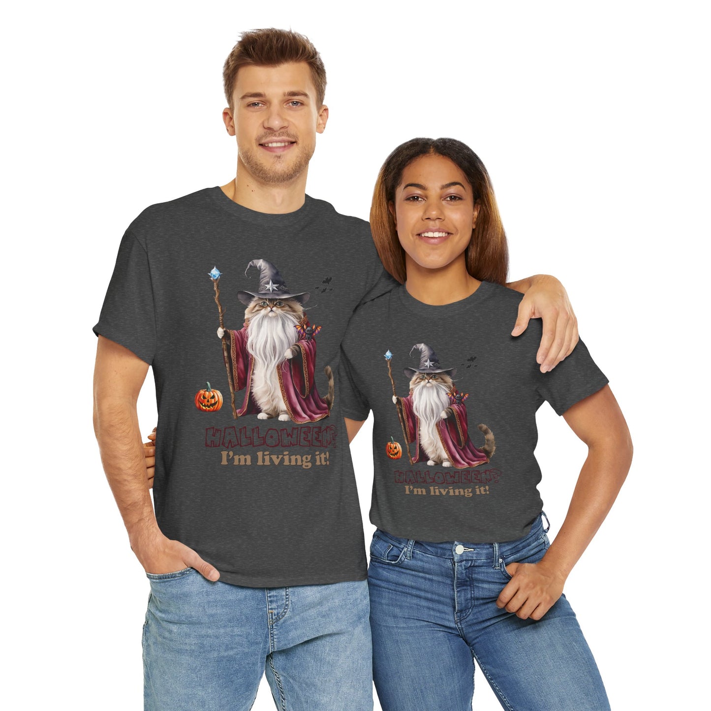 🧙 Living the Spell: Wizardry, Whimsy & Halloween CheerHalloween Wizard Cat Tee - 🎃 Spooky Unisex Cotton Shirt, Witchy T-Shirt, Fall Fashion, Gift for Cat Lovers, Halloween Costume, Relaxed Fit