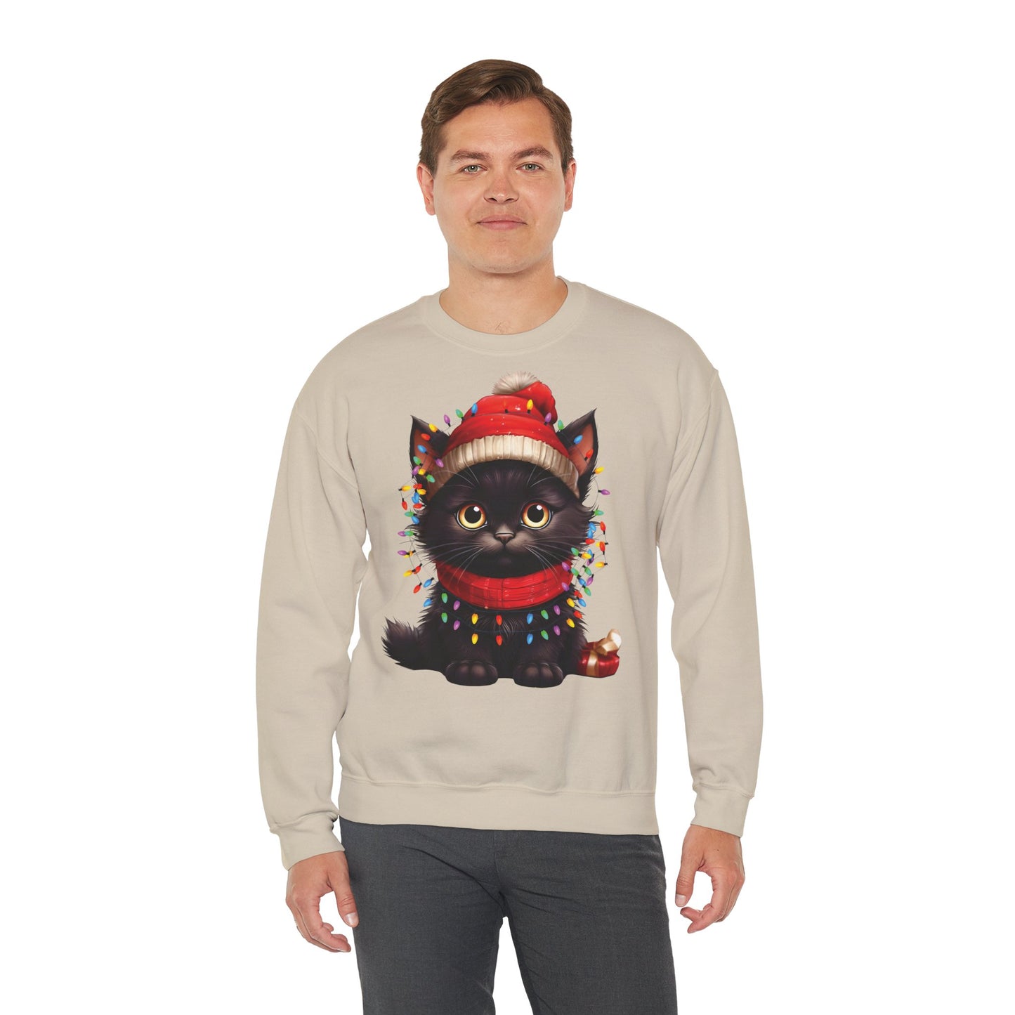 Holiday Heart: Kitten Wrapped in Christmas Lights - Festive Cat Crewneck Sweatshirt - Cozy Holiday Apparel, Warm Gift, Cute Winter Style, Pet Lover Sweatshirt, Christmas Sweater Alternative