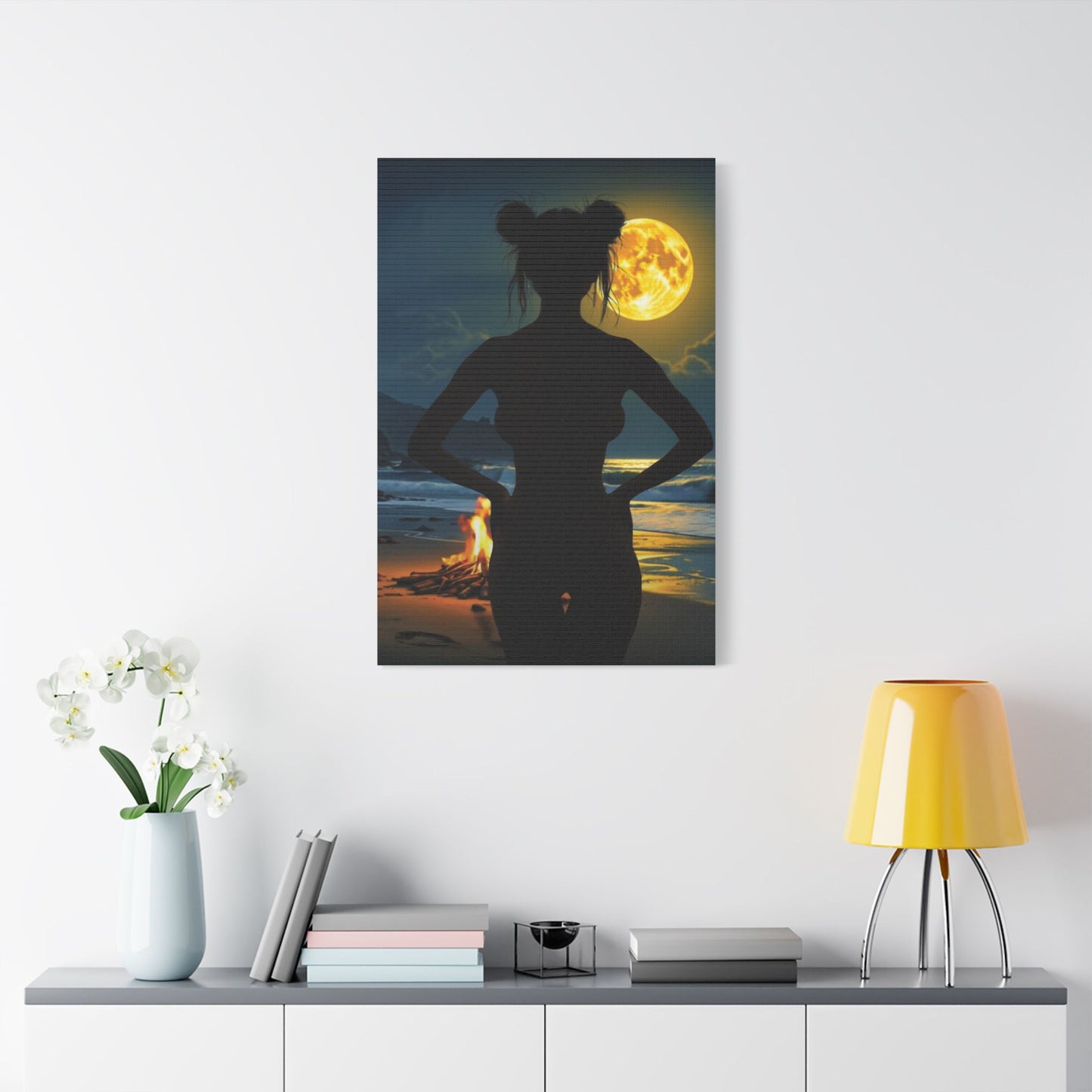 Roxie’s Midnight Swim – Moonlit Beach - Satin Canvas Print, Wall Art for Home Decor, Nighttime Serenity, Coastal Vibes, Gift for Nature Lovers, Personalized Artwork