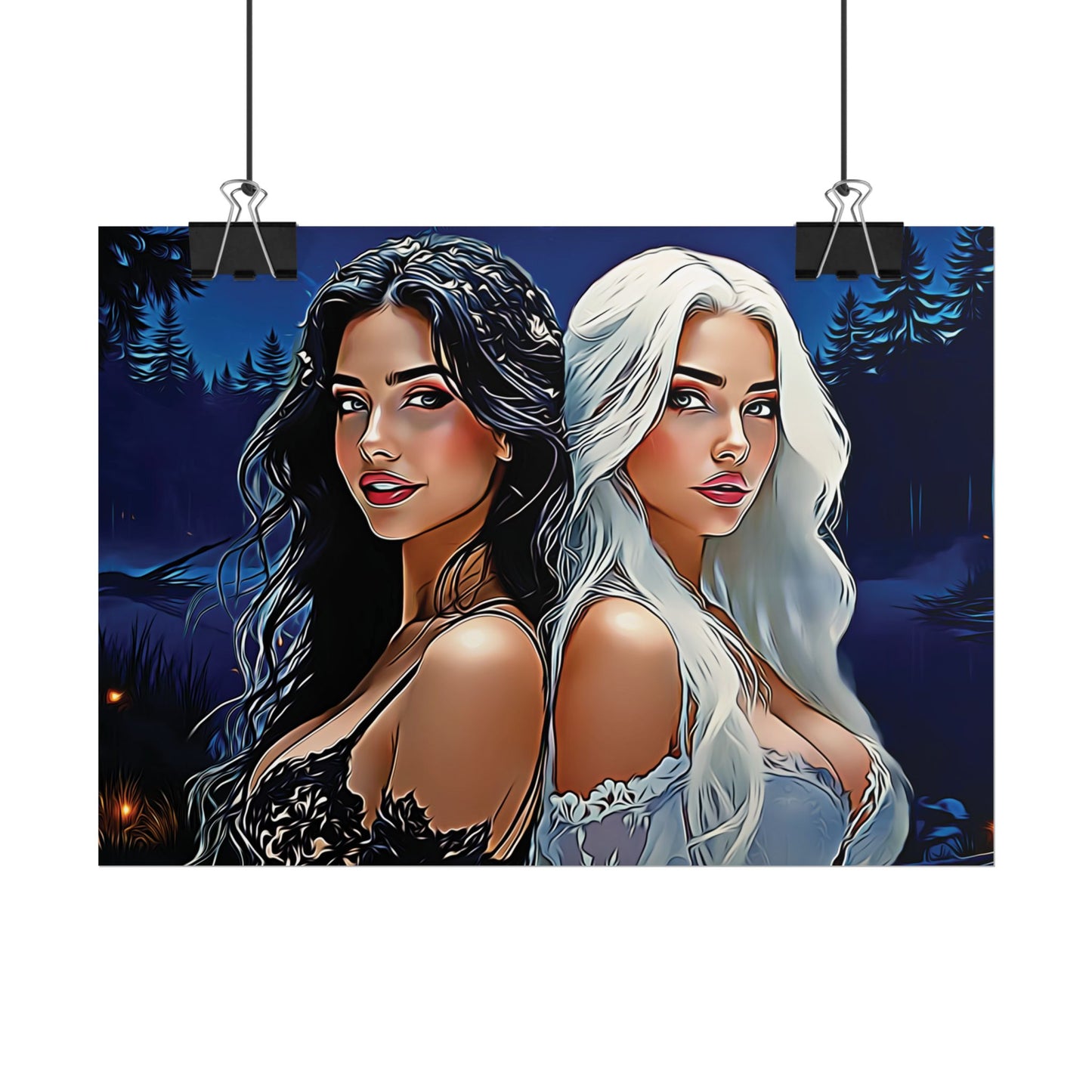 Moonlit Sisters of Opposites – Enchanted Night Art of Balance, Beauty, and Timeless Harmony - Mystical Duo Rolled Posters | Ethereal Art for Witchy Decor, Fantasy Wall Art, Gift for Her, Boho Home, Unique Prints