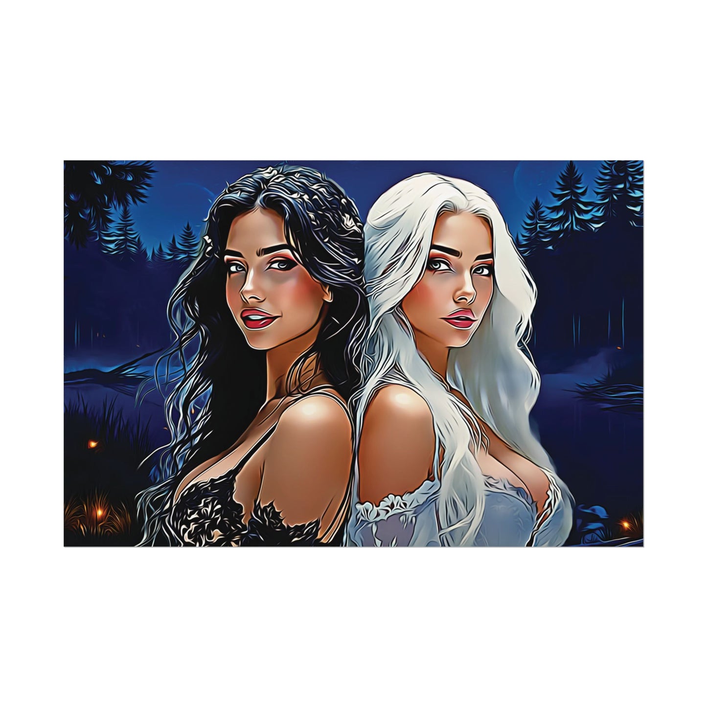 Moonlit Sisters of Opposites – Enchanted Night Art of Balance, Beauty, and Timeless Harmony - Mystical Duo Rolled Posters | Ethereal Art for Witchy Decor, Fantasy Wall Art, Gift for Her, Boho Home, Unique Prints