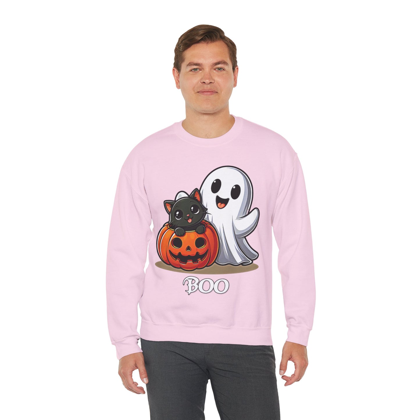 Spooky Smiles & Cozy Vibes – Halloween Boo Pumpkin Ghost Cat Edition - Cute Halloween Crewneck Sweatshirt with Ghost and Cat Design, Cozy Fall Apparel, Perfect for Spooky Season, Unisex Halloween Sweater, [...]
