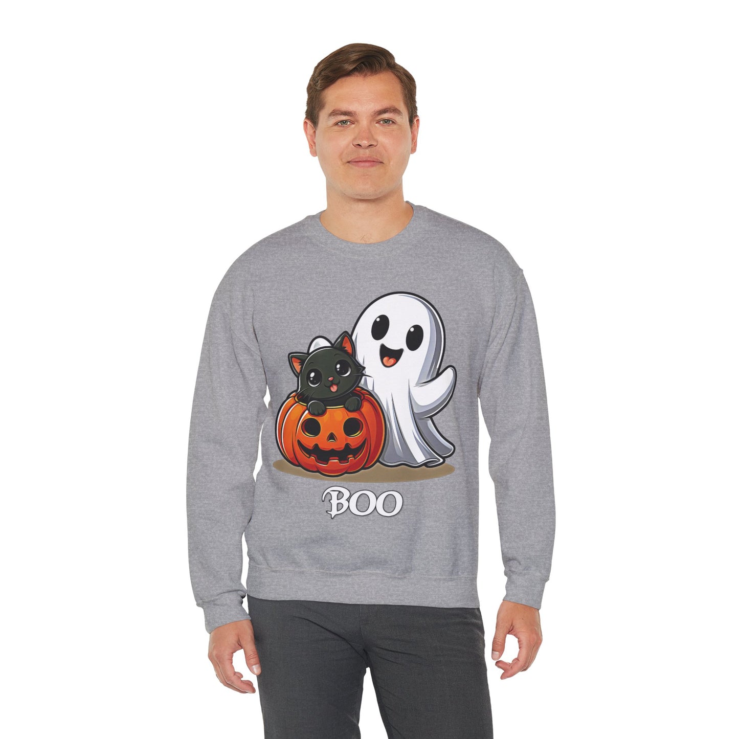 Spooky Smiles & Cozy Vibes – Halloween Boo Pumpkin Ghost Cat Edition - Cute Halloween Crewneck Sweatshirt with Ghost and Cat Design, Cozy Fall Apparel, Perfect for Spooky Season, Unisex Halloween Sweater, [...]