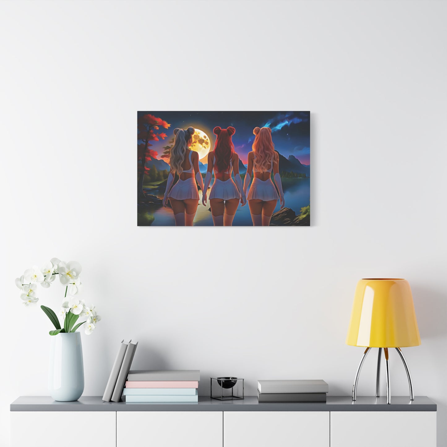🌌 Moon Sisters: Unity in Light, Magic in MotionCanvas Wall Art - Enchanting Moonlit Retreat, Bohemian Decor, Gift for Friends, Home Decor, Unique Wall Art, Girls Night In
