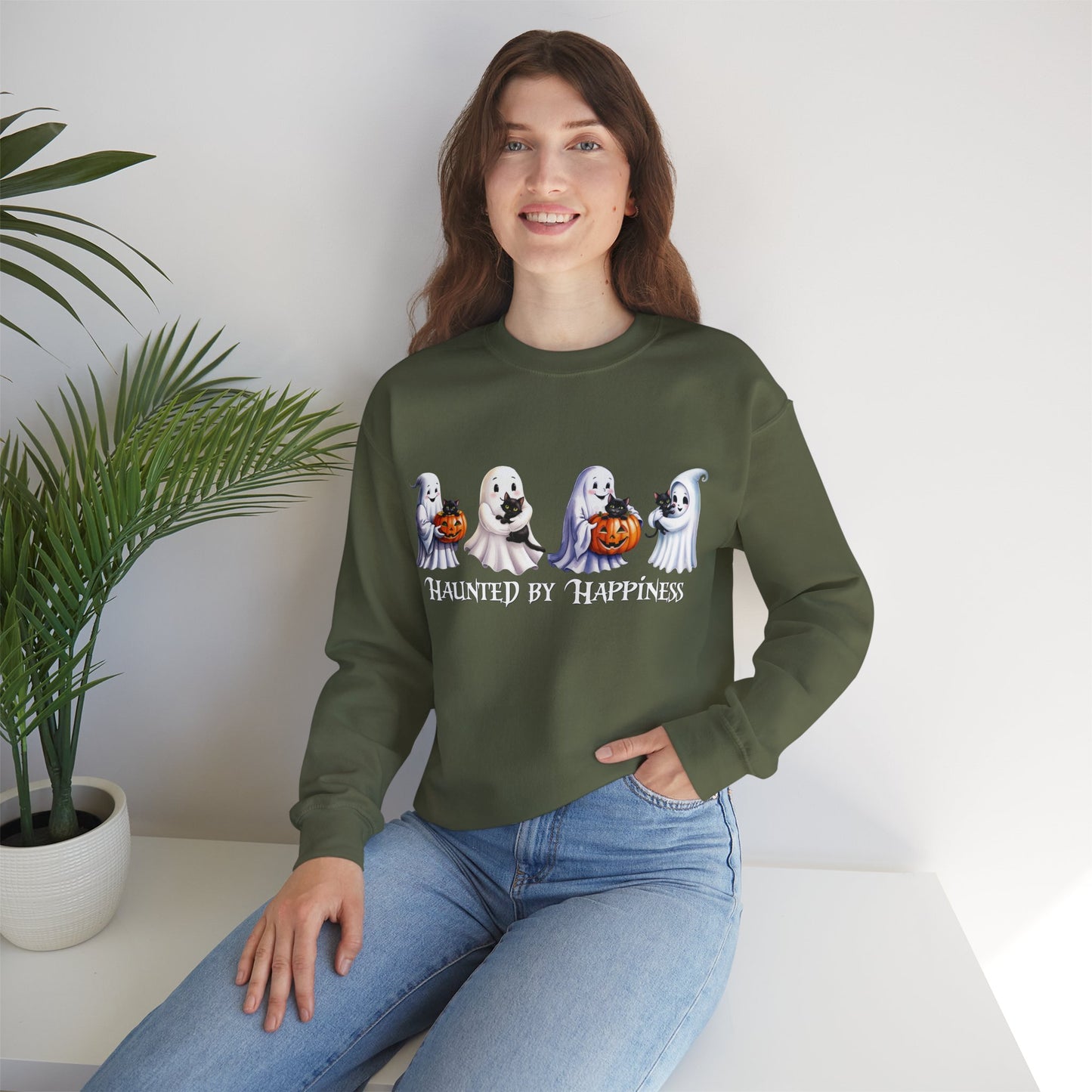 👻 Haunted by Happiness: Ghosts of Joy and Candy - Halloween Ghosts Sweatshirt, Cozy Crewneck, Autumn Apparel, Spooky Season Gift, Unisex Sweatshirt for Fall Celebrations