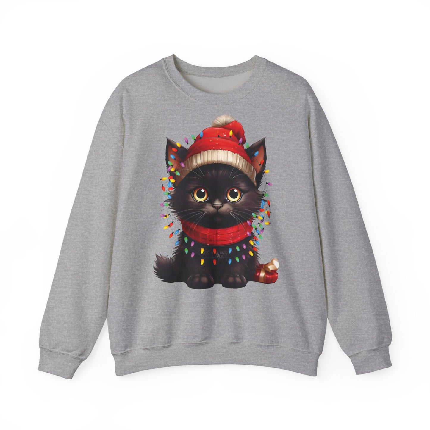 Holiday Heart: Kitten Wrapped in Christmas Lights - Festive Cat Crewneck Sweatshirt - Cozy Holiday Apparel, Warm Gift, Cute Winter Style, Pet Lover Sweatshirt, Christmas Sweater Alternative