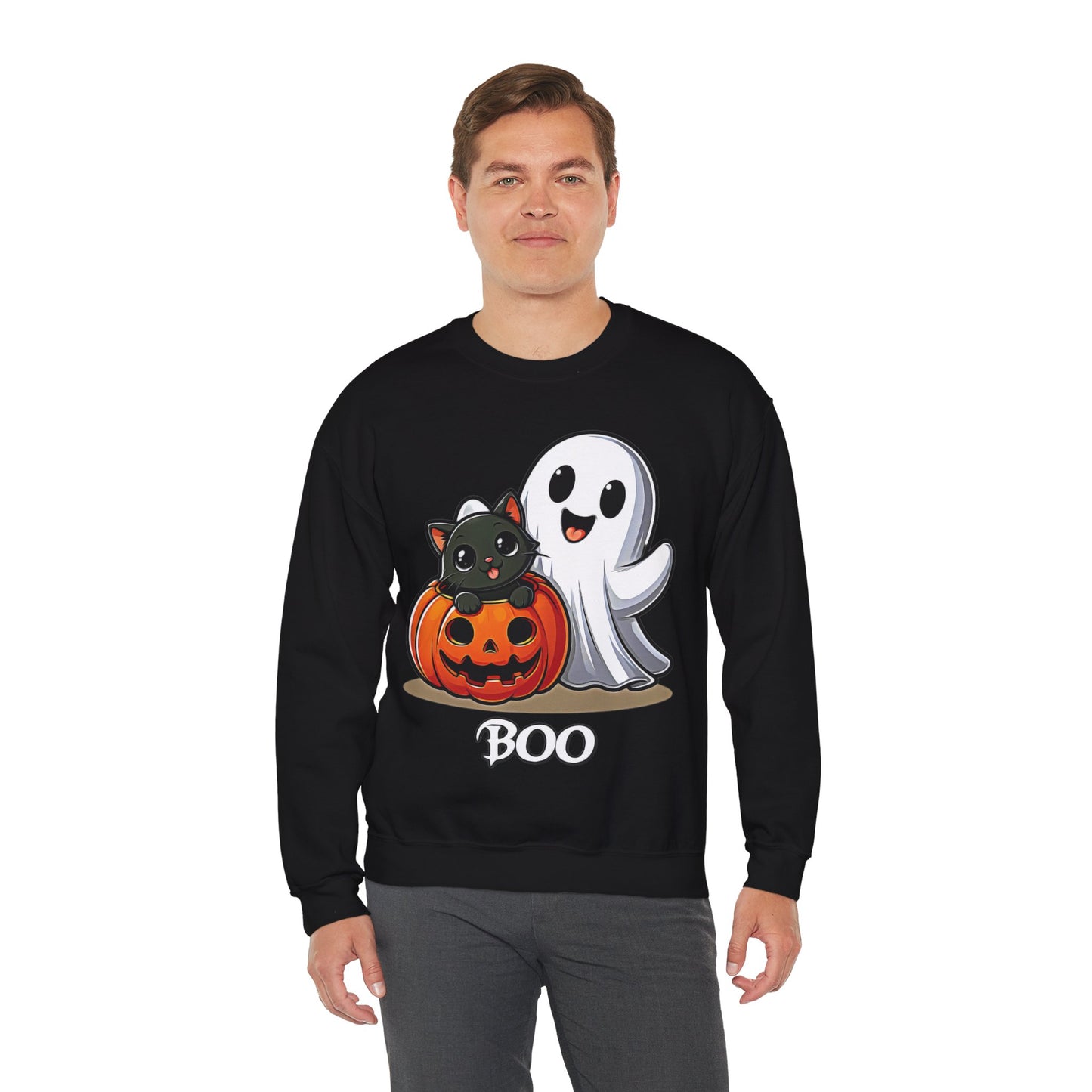 Spooky Smiles & Cozy Vibes – Halloween Boo Pumpkin Ghost Cat Edition - Cute Halloween Crewneck Sweatshirt with Ghost and Cat Design, Cozy Fall Apparel, Perfect for Spooky Season, Unisex Halloween Sweater, [...]
