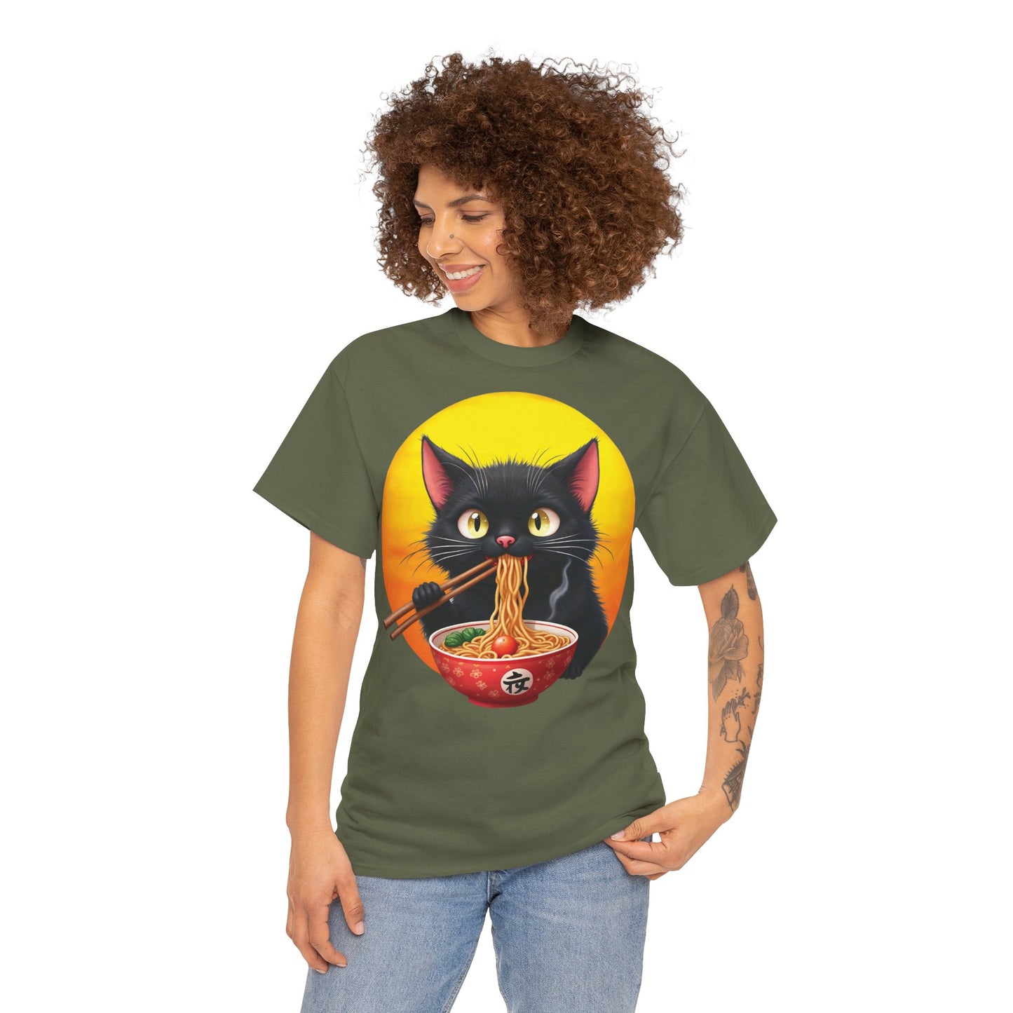 Ramen Cat Magic – Whiskers, Noodles & Sunshine Vibes - Ramen Cat - Cute Cat with Bowl of Noodles Unisex Heavy Cotton Tee