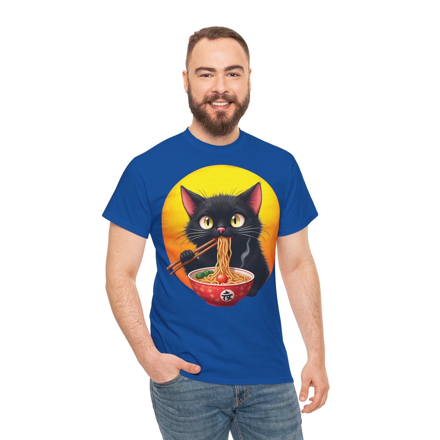 Ramen Cat Magic – Whiskers, Noodles & Sunshine Vibes - Ramen Cat - Cute Cat with Bowl of Noodles Unisex Heavy Cotton Tee