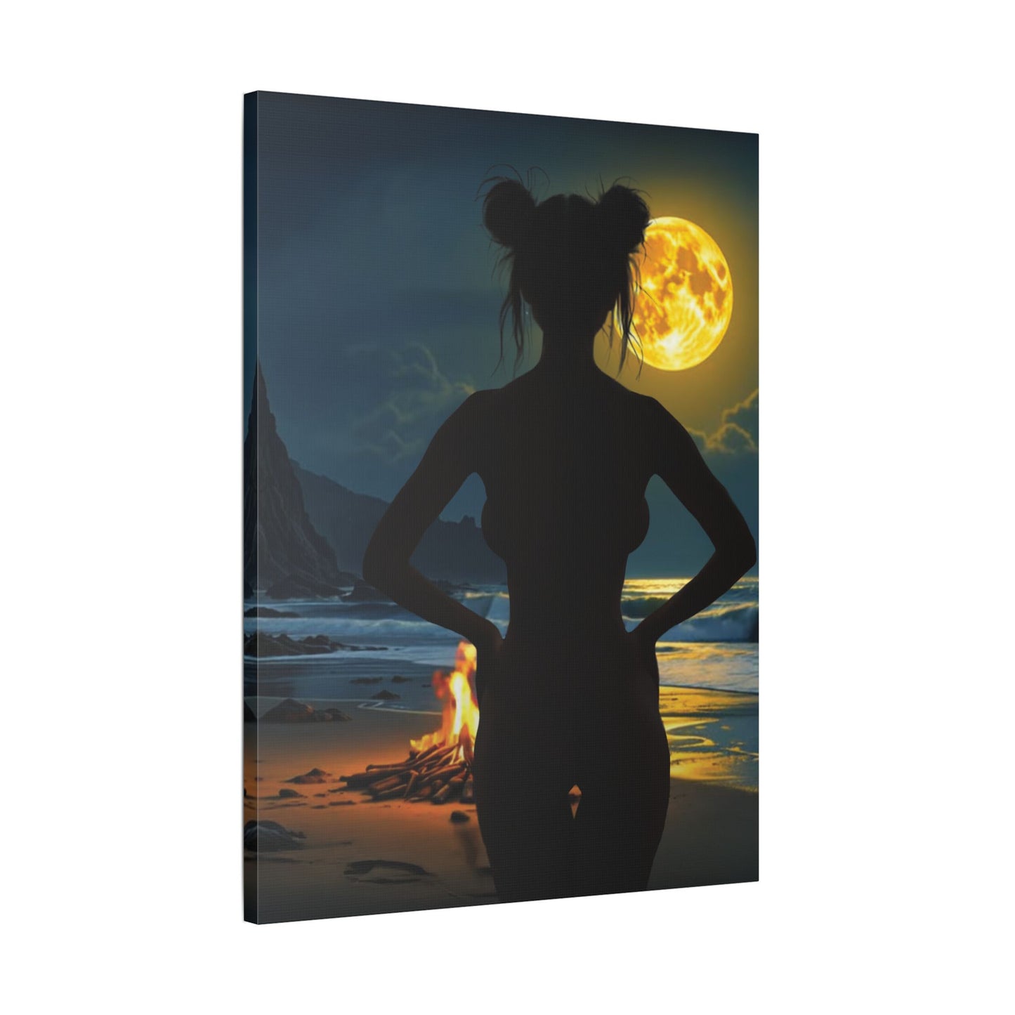 Roxie’s Midnight Swim – Moonlit Beach - Satin Canvas Print, Wall Art for Home Decor, Nighttime Serenity, Coastal Vibes, Gift for Nature Lovers, Personalized Artwork