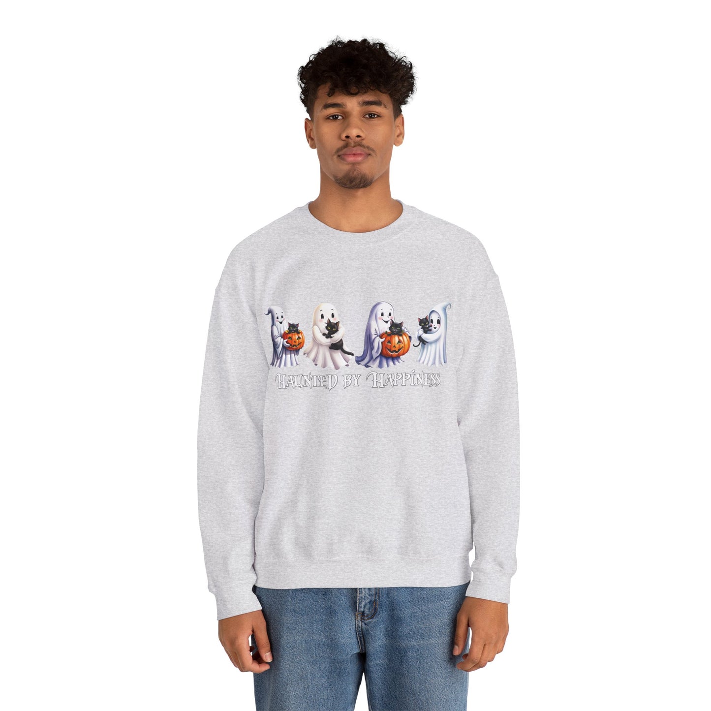 👻 Haunted by Happiness: Ghosts of Joy and Candy - Halloween Ghosts Sweatshirt, Cozy Crewneck, Autumn Apparel, Spooky Season Gift, Unisex Sweatshirt for Fall Celebrations