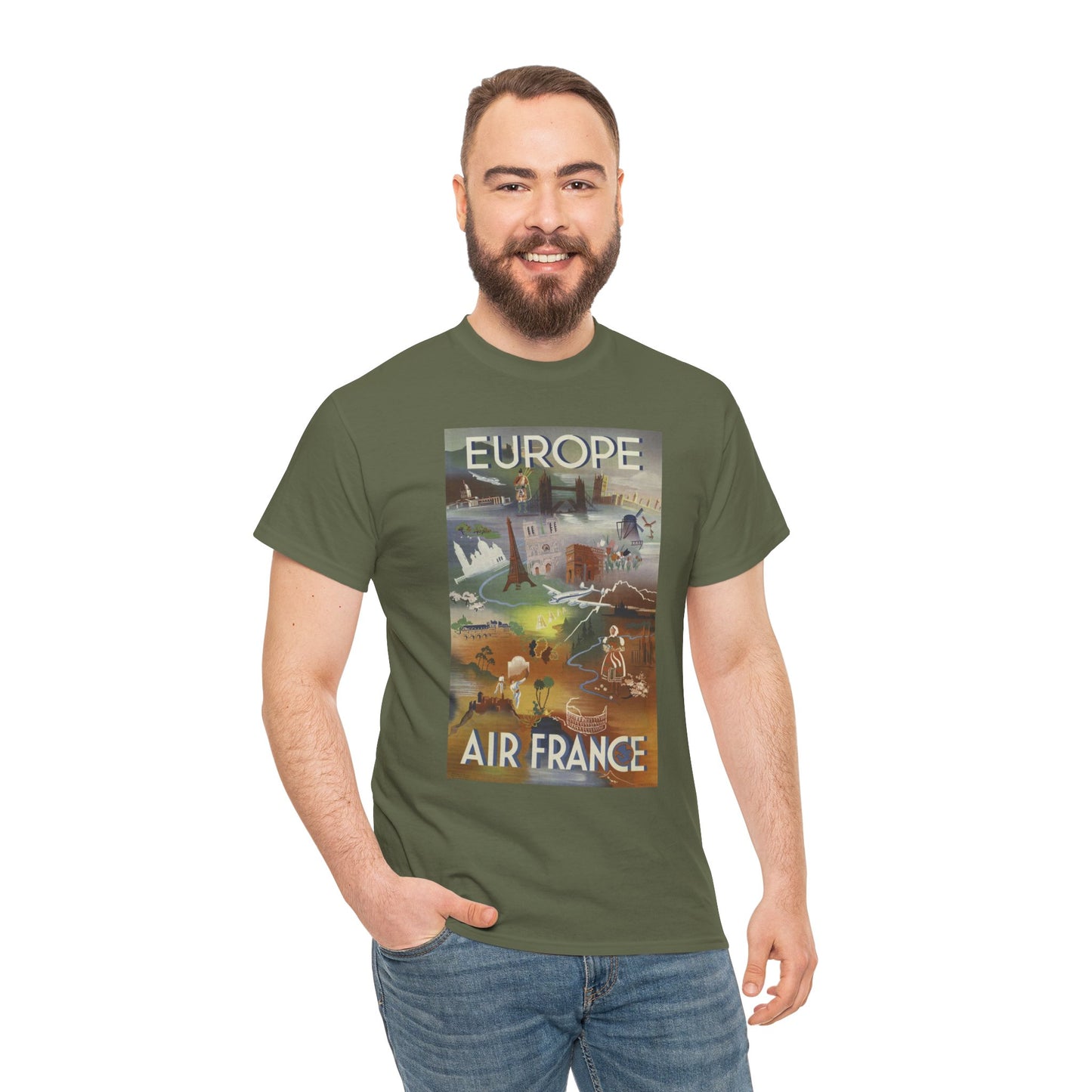 Vintage Air France 1948: Retro Travel Poster Celebrating Europe’s Beauty, Adventure, and Timeless Wanderlust - Unisex Heavy Cotton Tee