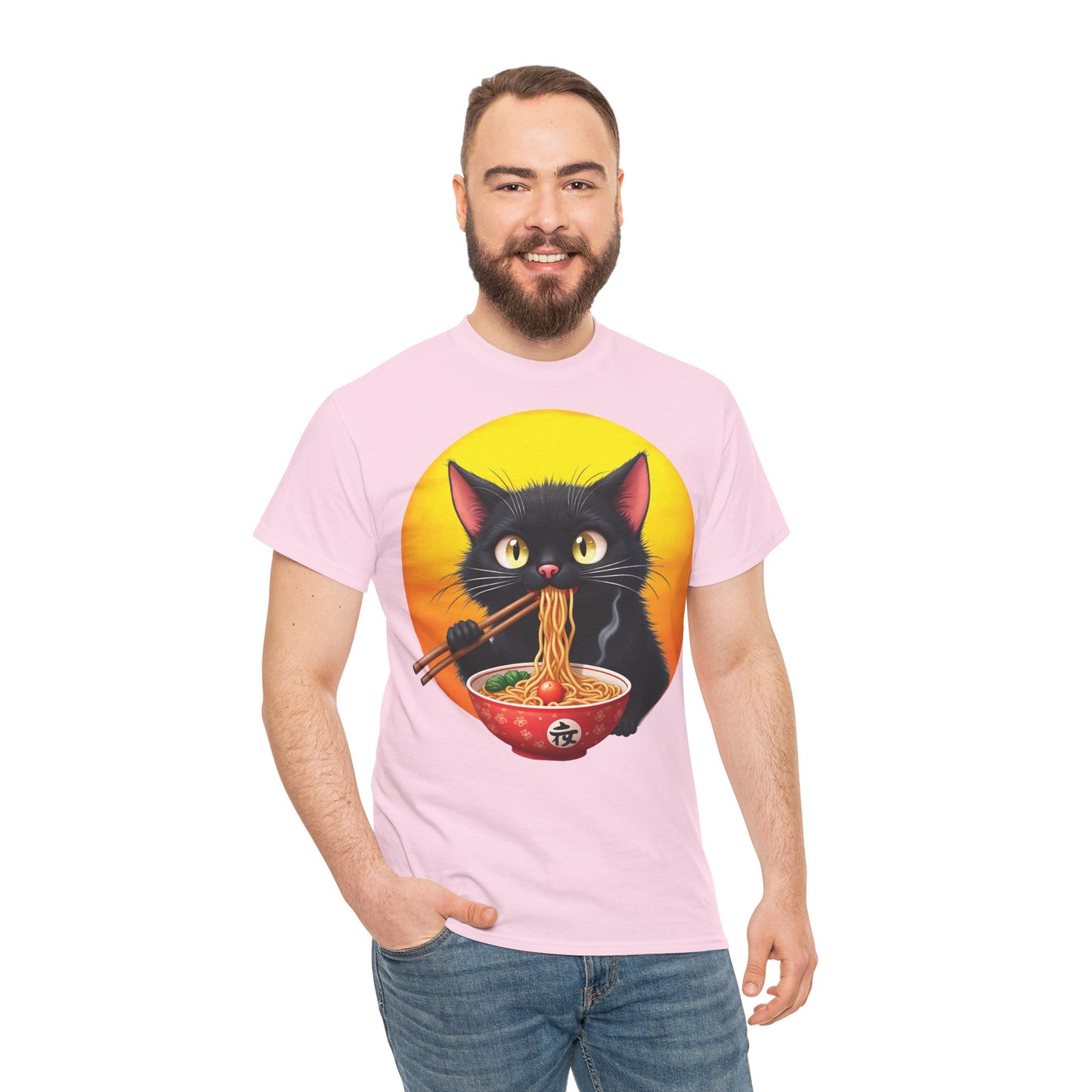 Ramen Cat Magic – Whiskers, Noodles & Sunshine Vibes - Ramen Cat - Cute Cat with Bowl of Noodles Unisex Heavy Cotton Tee