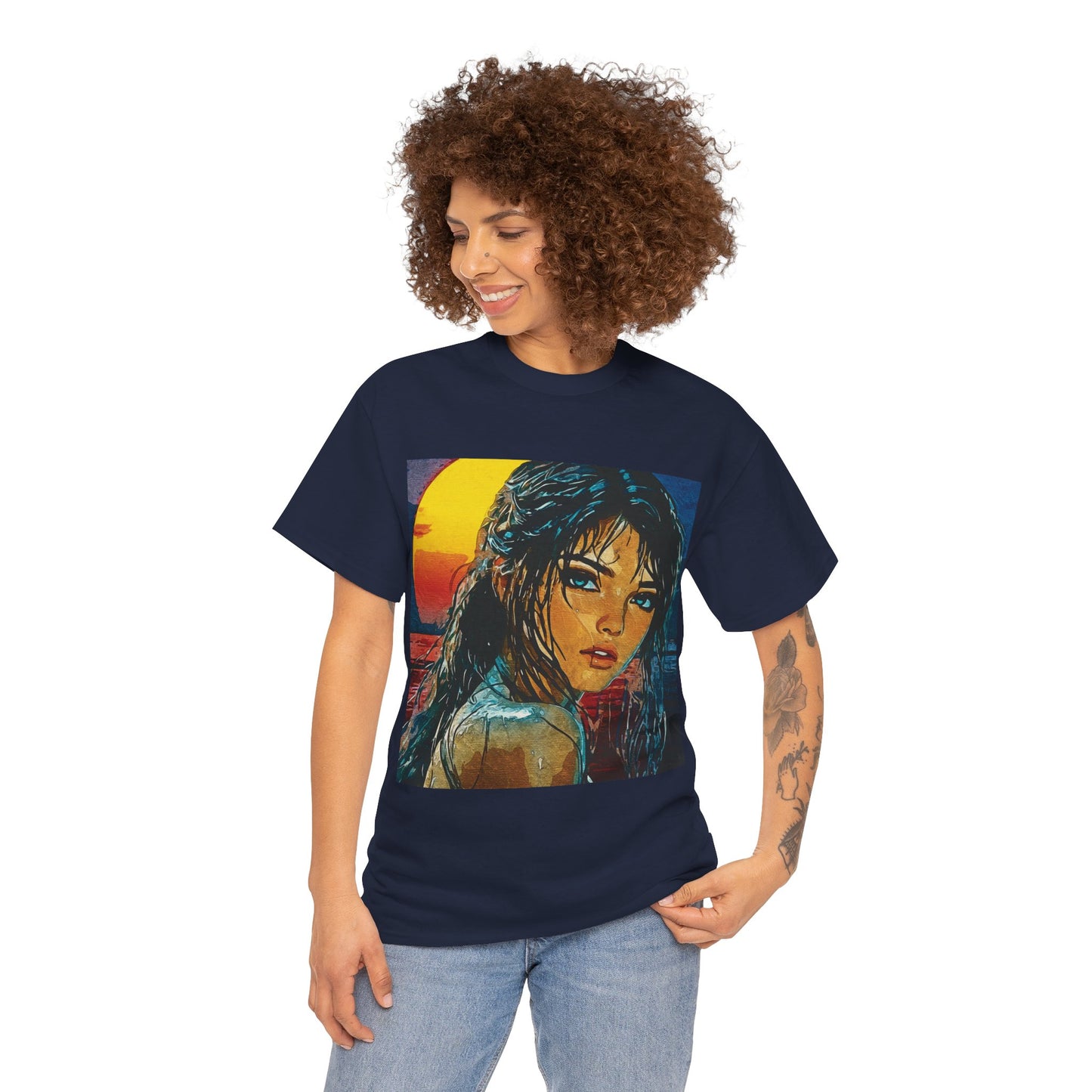 "Golden Hour Goddess: Vibrant Pop Art Vision" - Sunset Dreamer Unisex Heavy Cotton Tee - Vintage Art T-Shirt, Graphic Tee, Casual Wear, Unique Gift Idea, Summer Fashion