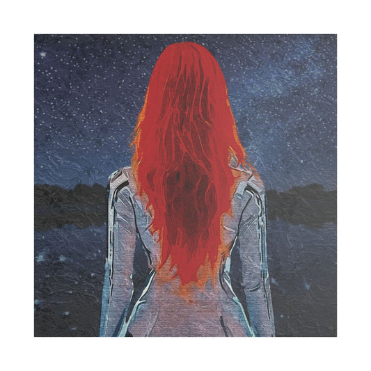 'Red' Scarlet Veil Over Starry Depths: Embrace the Cosmic Red Journey Within - Canvas Art Print: Starry Night with Red-Haired Woman, Wall Decor for Dreamers, Stretched Art, Unique Home Gift, Modern Living Room Decor