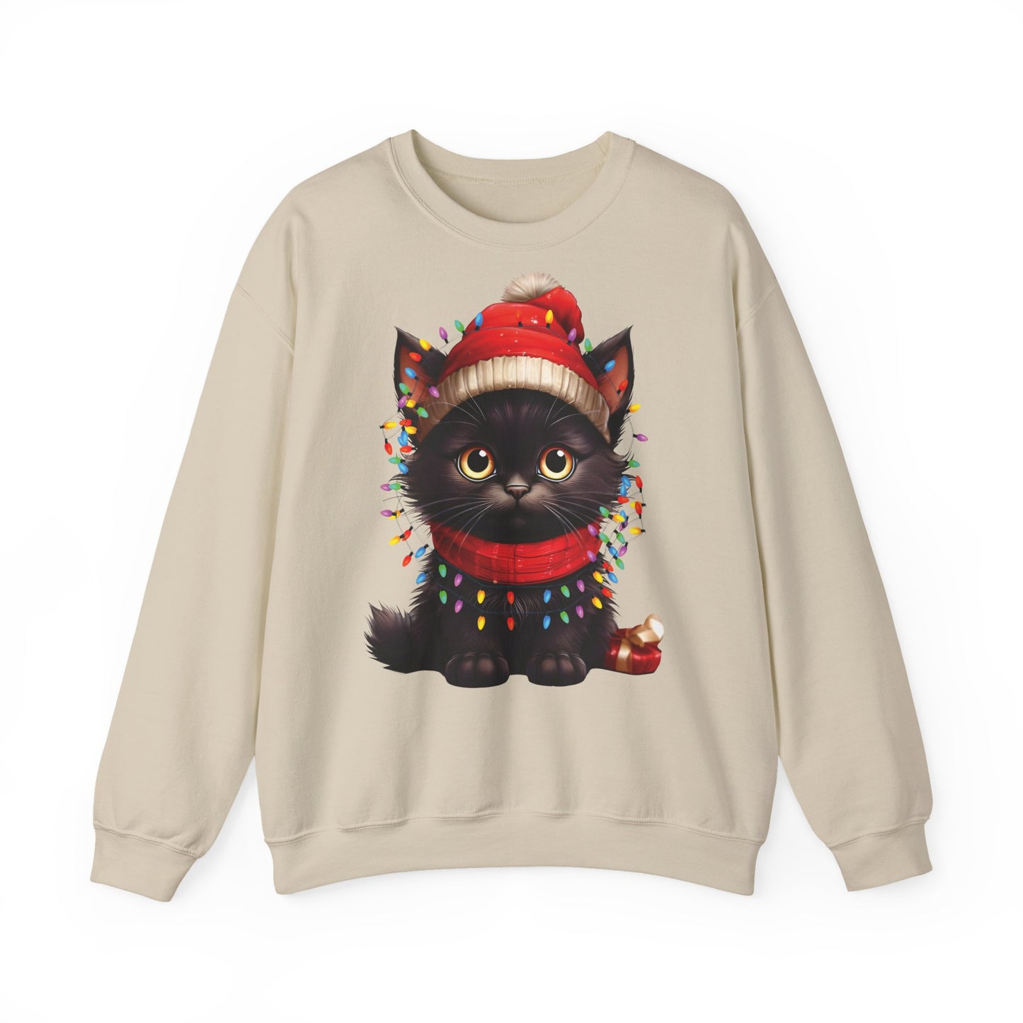 Holiday Heart: Kitten Wrapped in Christmas Lights - Festive Cat Crewneck Sweatshirt - Cozy Holiday Apparel, Warm Gift, Cute Winter Style, Pet Lover Sweatshirt, Christmas Sweater Alternative