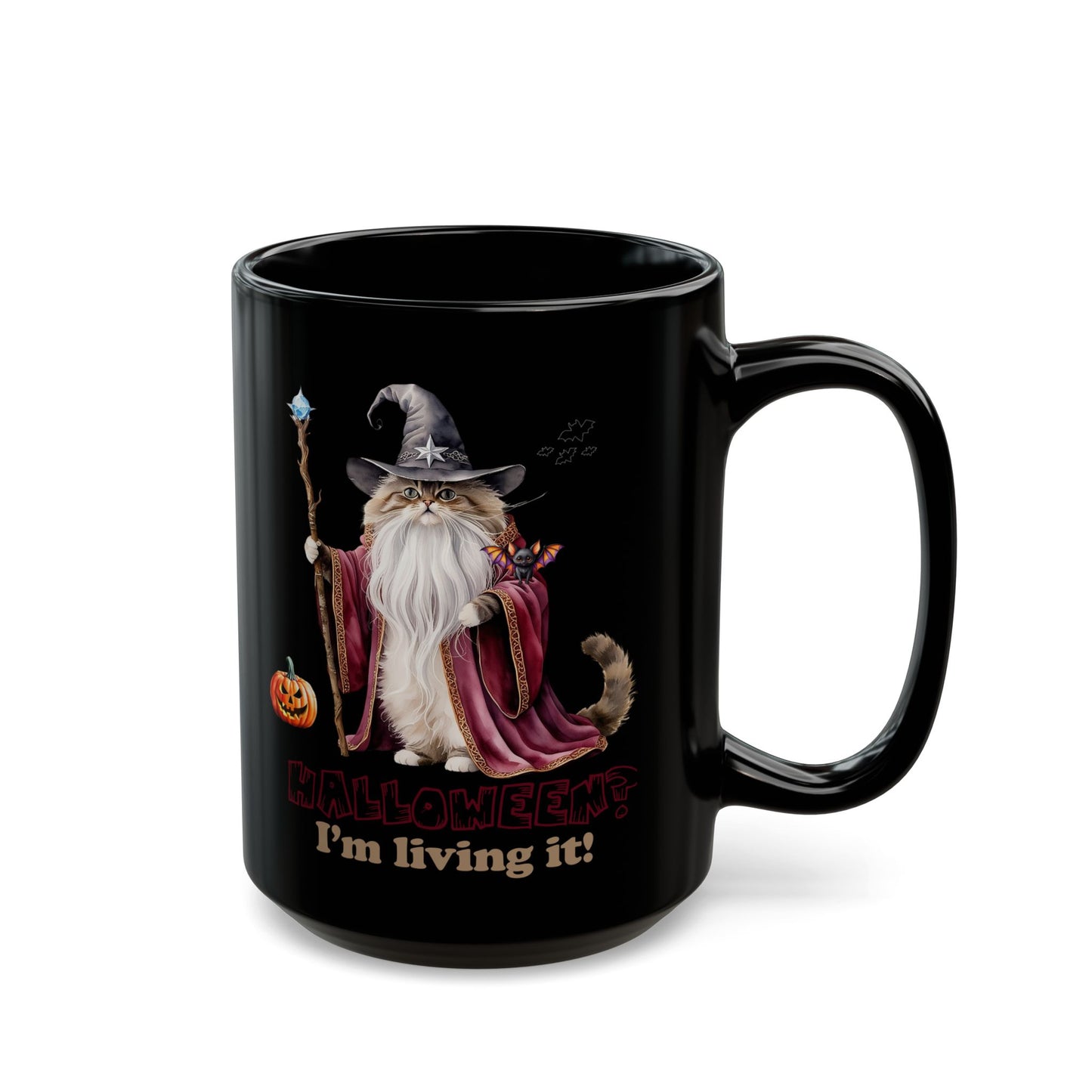 🧙 Title: Living the Spell: Wizardry, Whimsy & Halloween Cheer 🎃 - Halloween Cat Mug - I'm Living It, Witch Mug, Black Coffee Cup, Gift for Cat Lovers, Halloween Decor, Spooky Kitchenware