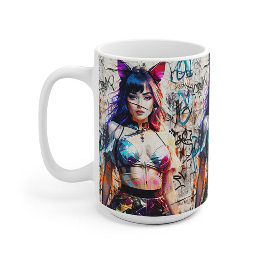 Ceramic Mug - 'Prismatic Feline Enchantress' Anime-Inspired Kaleidoscope Catgirl Cyberpunk Neon Artwork