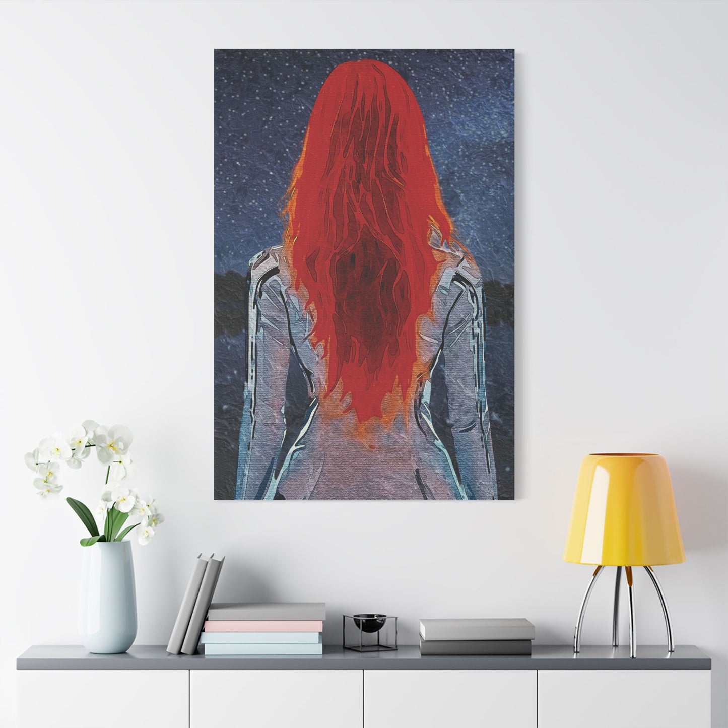 'Red' Scarlet Veil Over Starry Depths: Embrace the Cosmic Red Journey Within - Canvas Art Print: Starry Night with Red-Haired Woman, Wall Decor for Dreamers, Stretched Art, Unique Home Gift, Modern Living Room Decor