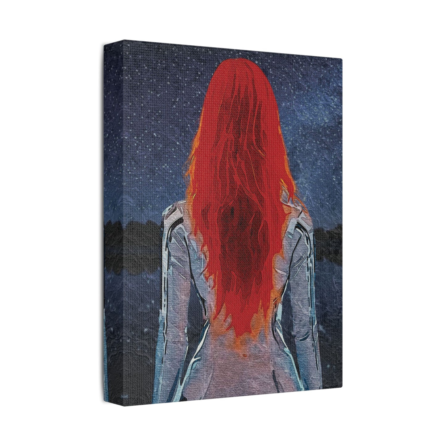 'Red' Scarlet Veil Over Starry Depths: Embrace the Cosmic Red Journey Within - Canvas Art Print: Starry Night with Red-Haired Woman, Wall Decor for Dreamers, Stretched Art, Unique Home Gift, Modern Living Room Decor