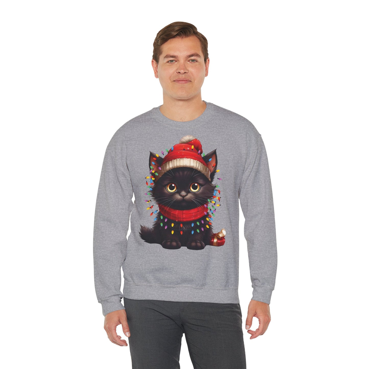 Holiday Heart: Kitten Wrapped in Christmas Lights - Festive Cat Crewneck Sweatshirt - Cozy Holiday Apparel, Warm Gift, Cute Winter Style, Pet Lover Sweatshirt, Christmas Sweater Alternative