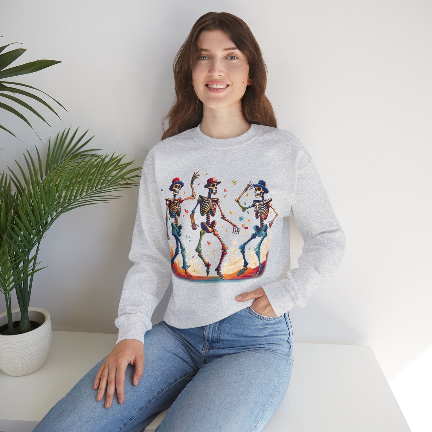 Dancing Skeletons Halloween Party - Spooky Fun Celebration Art - Festive Autumn Spirit Collection - Spooky Skeleton Dance Crewneck Sweatshirt, Halloween Sweatshirt, Unisex Fall Apparel, Casual Skeleton Top, Fun Halloween Gift